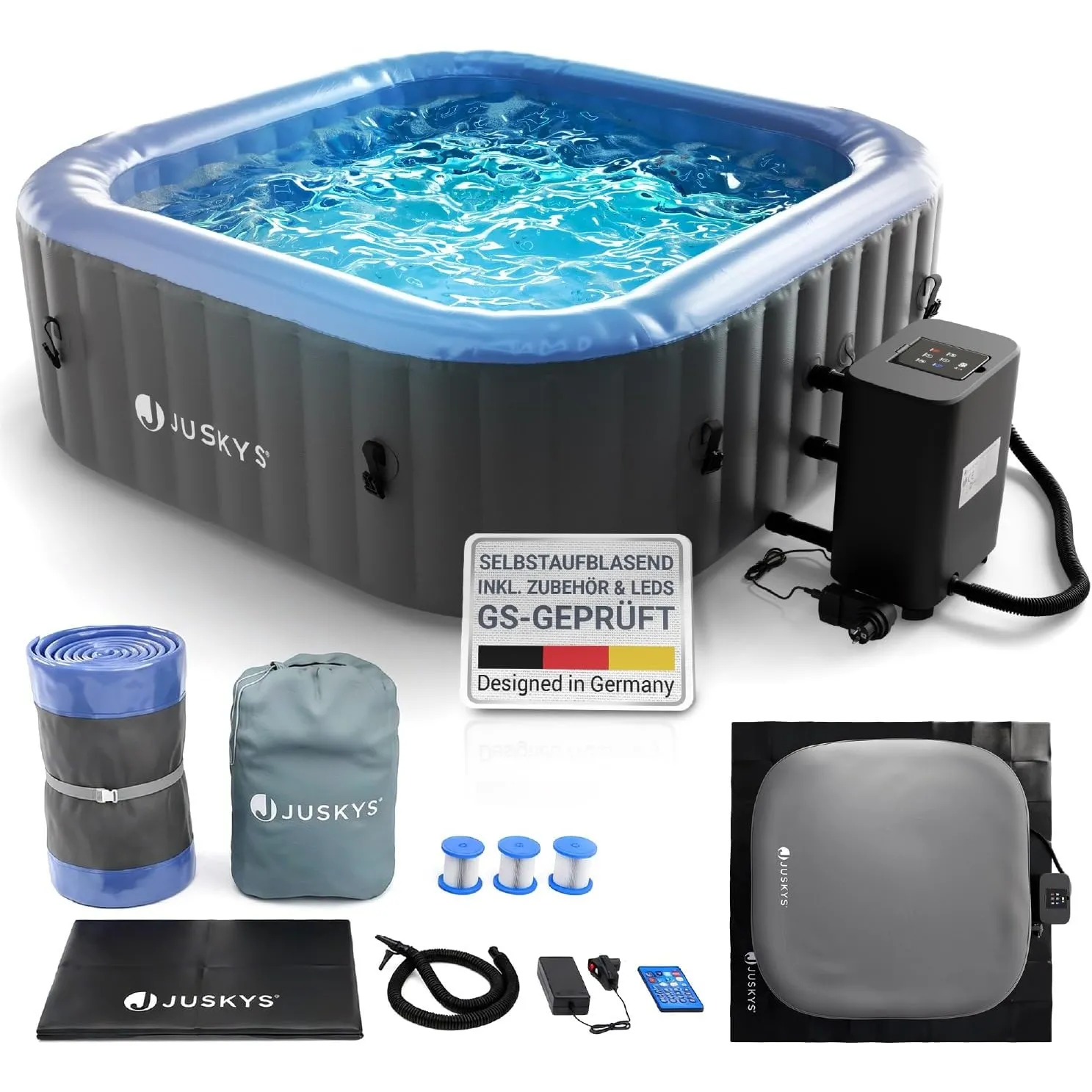 JUSKYS® Whirlpool SpaLuxe – Aufblasbar, Outdoor & Winterfest, 130 Sprudeldüsen, 3000W, PVC, LED-Beleuchtung, Grau/Blau