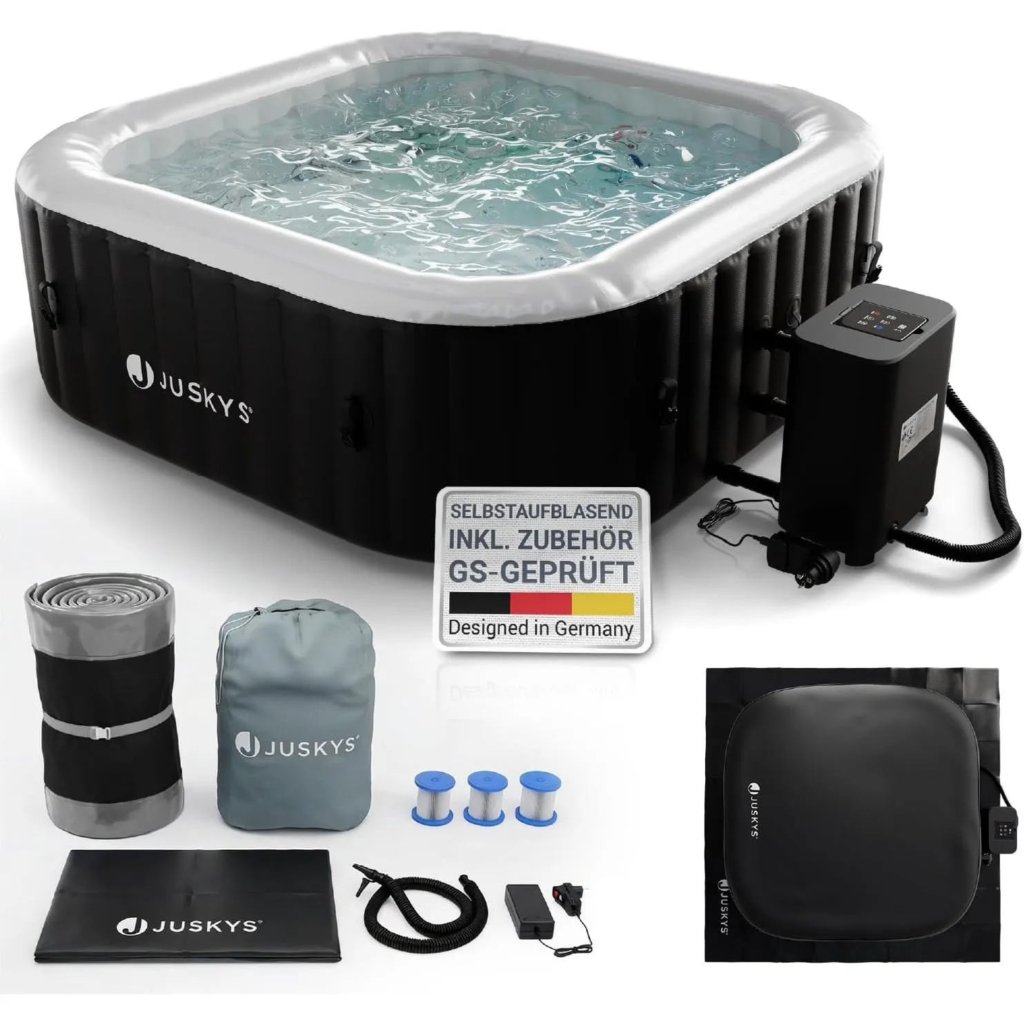 JUSKYS® Whirlpool SpaLuxe – Aufblasbar, Outdoor & Winterfest, 130 Sprudeldüsen, 3000W, PVC laminiert, Schwarz/Weiß