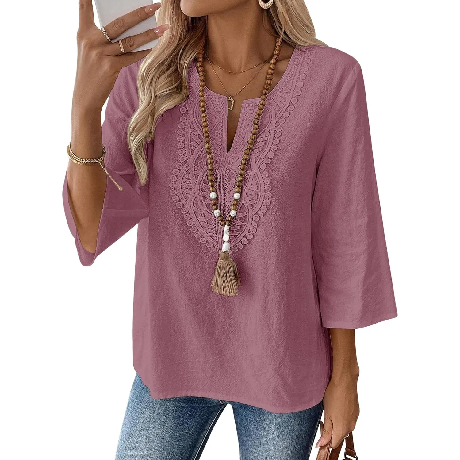 Rapbin Bluse Damen 3/4 Arm Elegant Oberteile V Ausschnitt Baumwolle Spitze Tops Shirt Casual Loose Fit Tunika