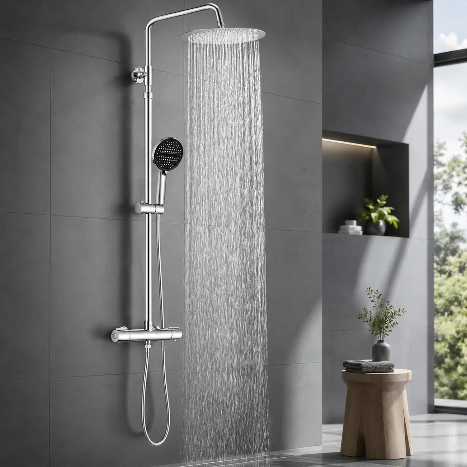 HOMELODY Duschsystem mit Thermostat Chrom, 300 mm Regendusche