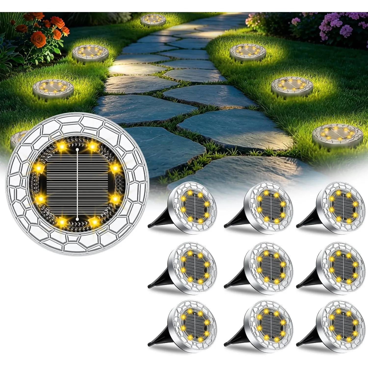 FIFlying 10 Stück Solar Bodenleuchten Aussen 8 LED Solarlampen für außen IP65 Wasserdicht Gartenbeleuchtung Warmweiß So…