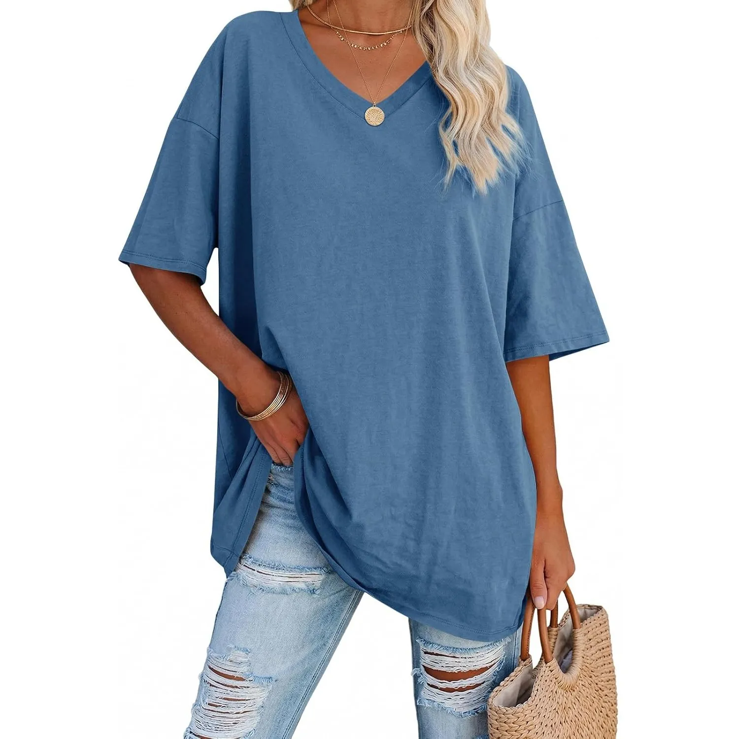 Ebifin Damen Oversize T Shirt mit V-Ausschnitt Kurzärmeliges Casual Lockere Basic Sommer Tee Shirts Bluse.