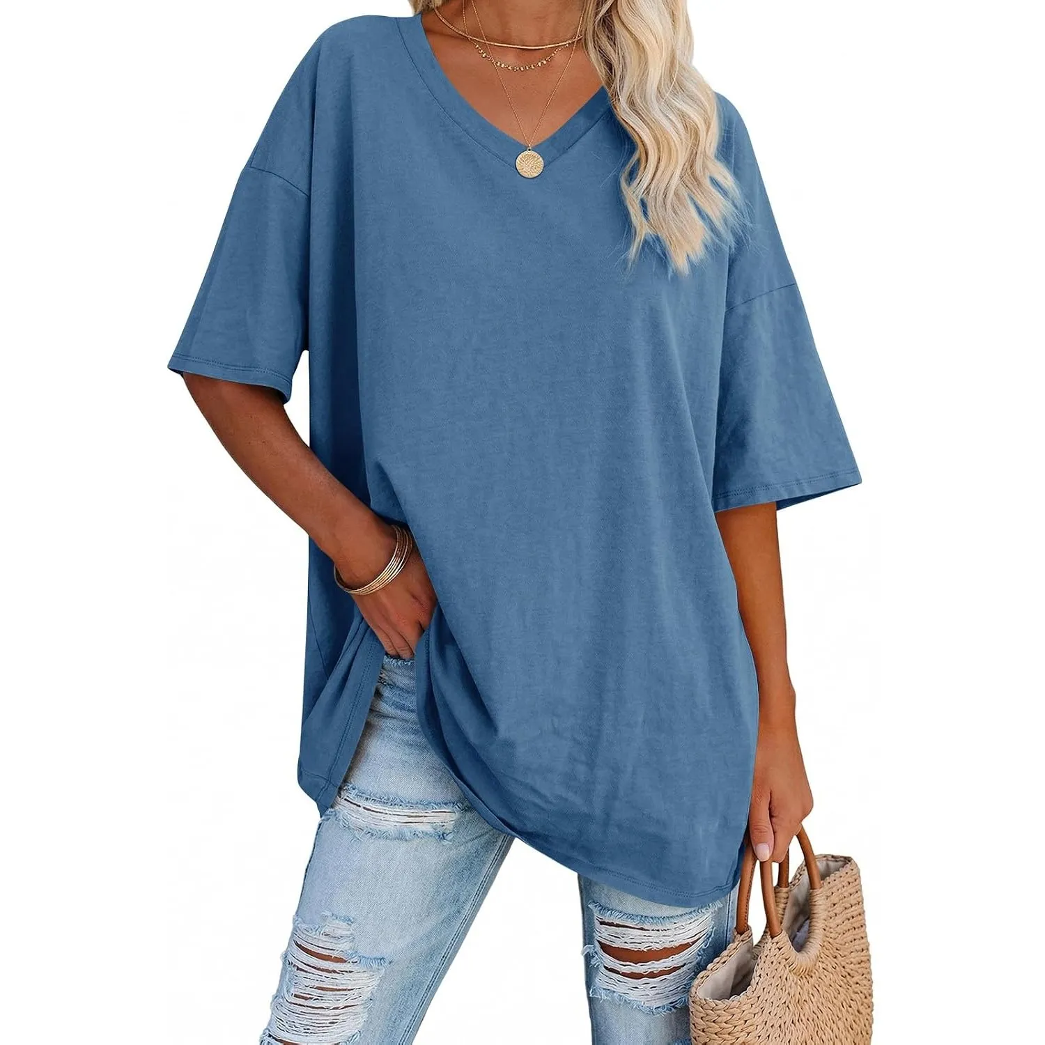 Ebifin Damen T Shirt Oversize Oberteile V-Ausschnitt