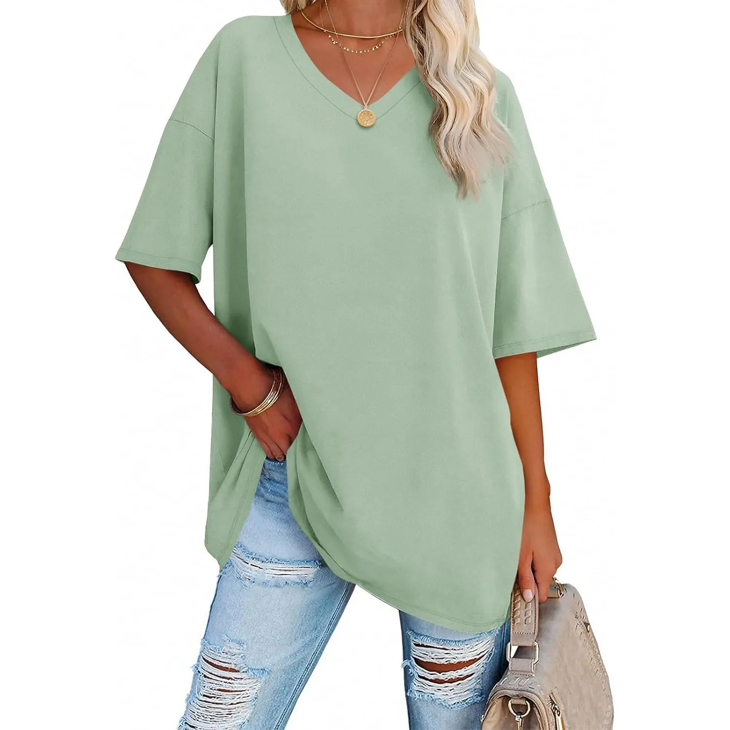 Ebifin Damen T Shirt Oversize Oberteile V-Ausschnitt