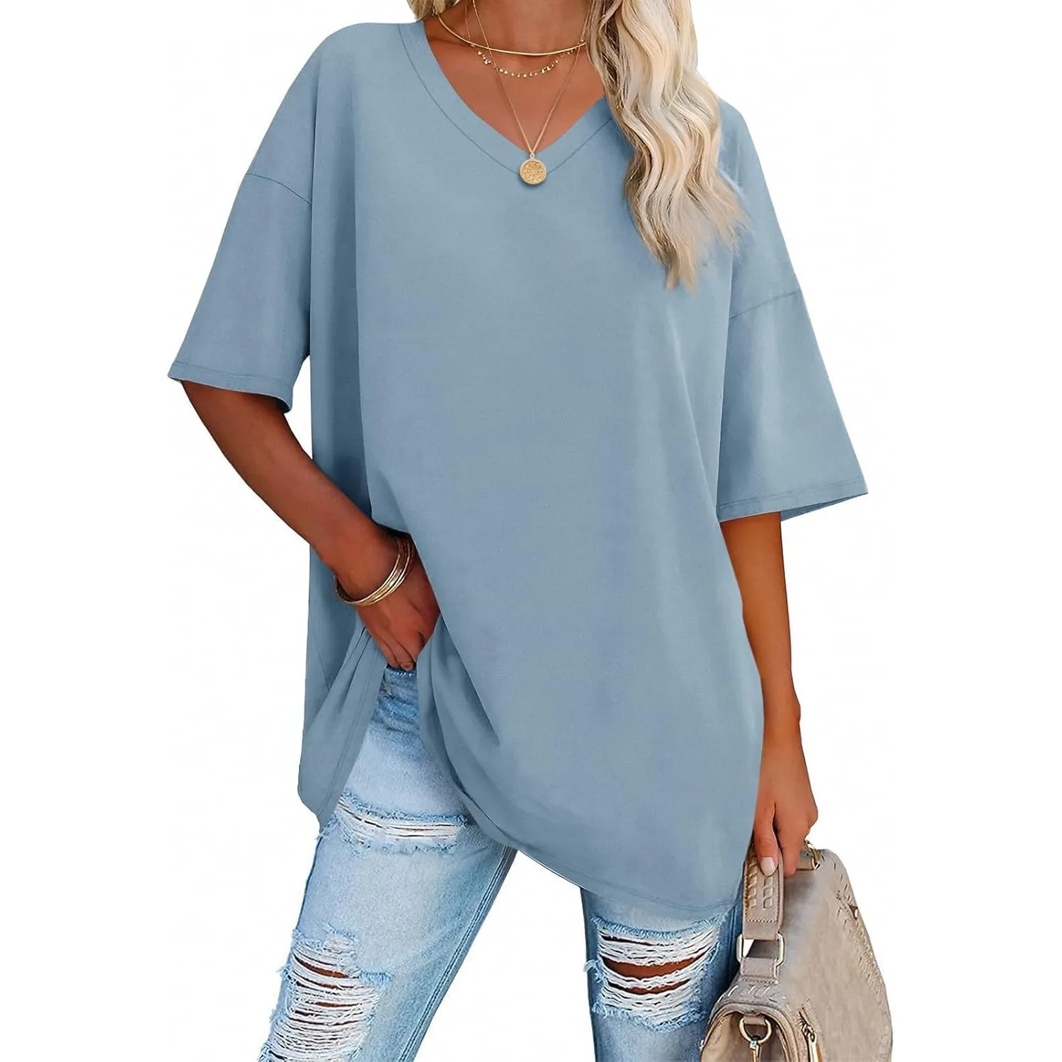 Ebifin Damen Oversize T Shirt mit V-Ausschnitt Kurzärmeliges Casual Lockere Basic Sommer Tee Shirts Bluse.