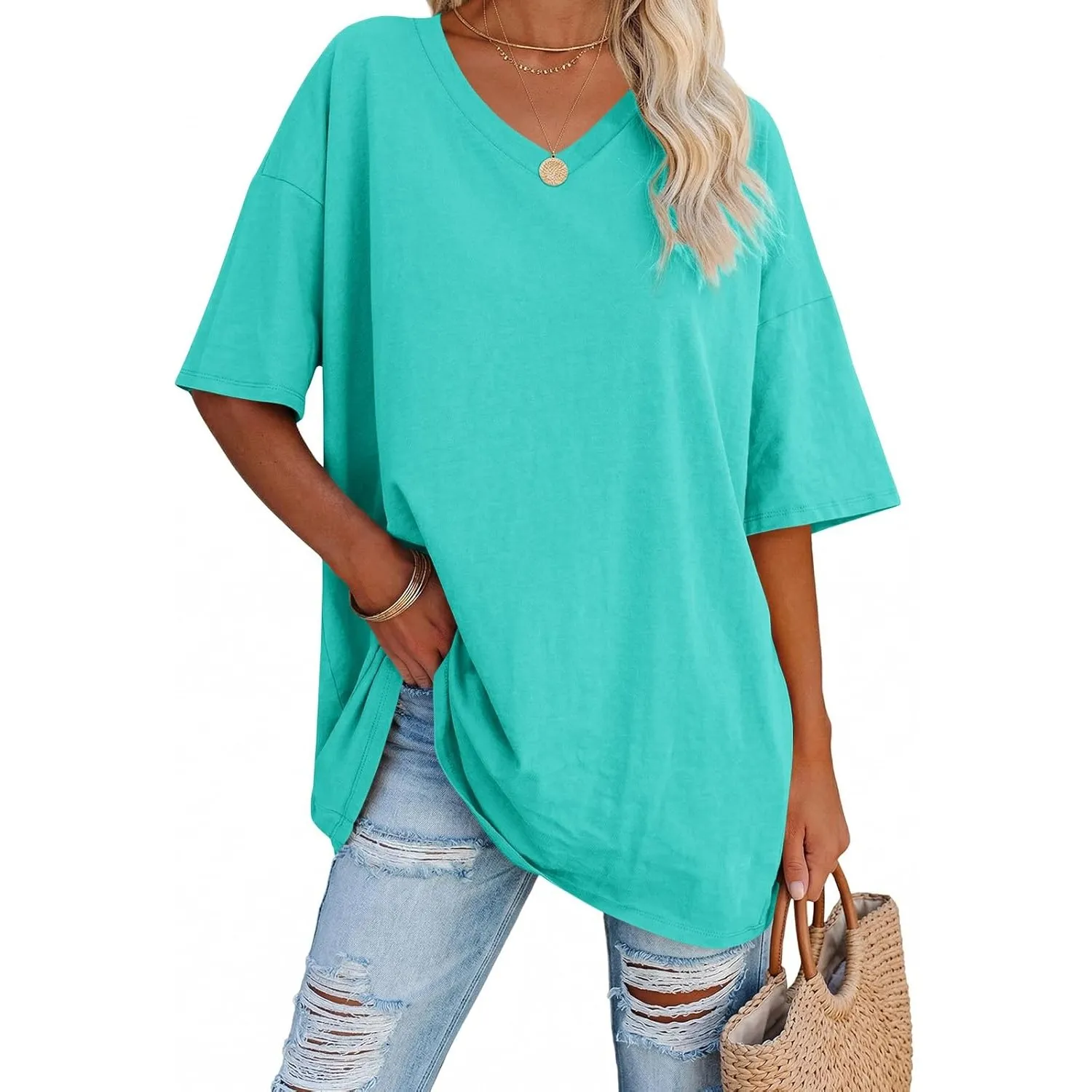 Ebifin Damen Oversize T Shirt mit V-Ausschnitt Kurzärmeliges Casual Lockere Basic Sommer Tee Shirts Bluse.