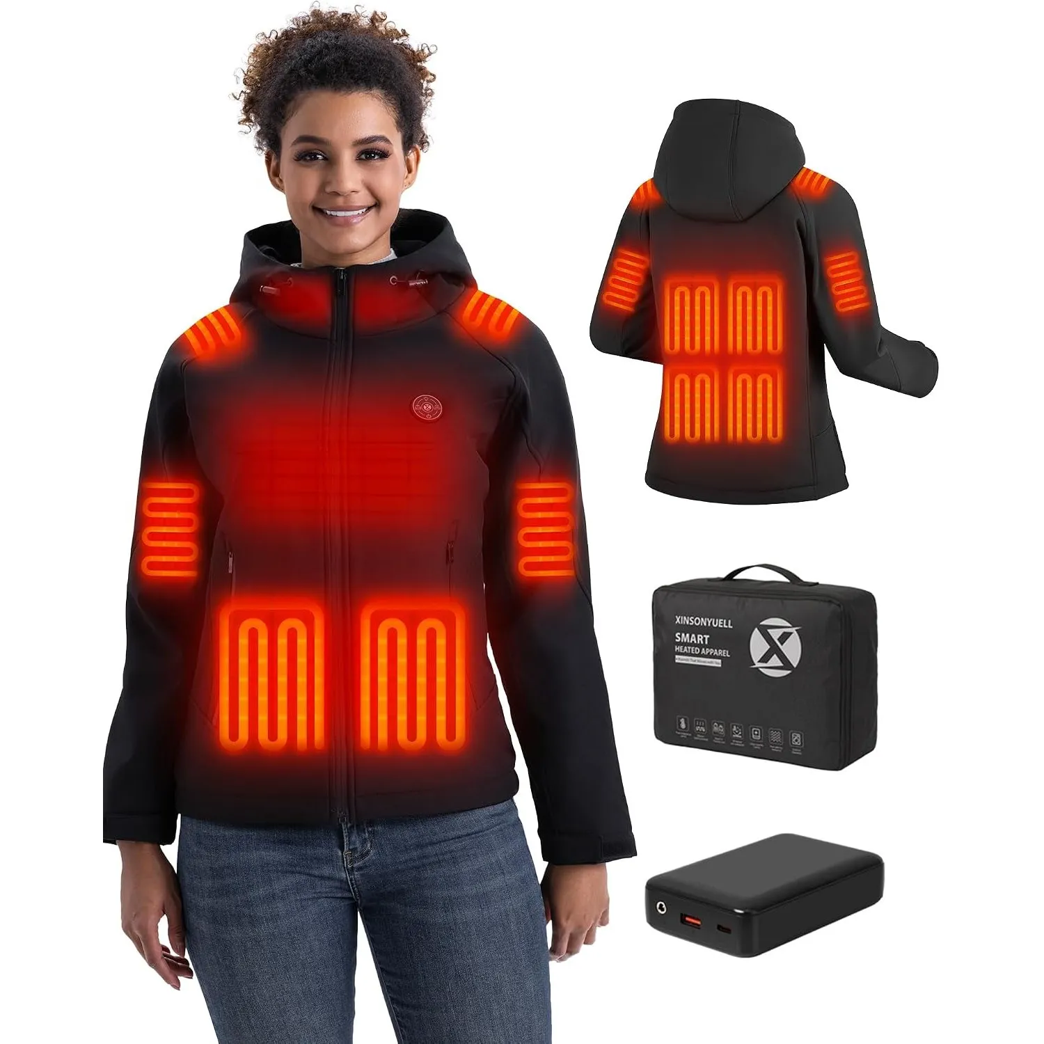 Heizjacke Damen mit Kapuze und 16000mAh Powerbank, Beheizbare Jacke Damen