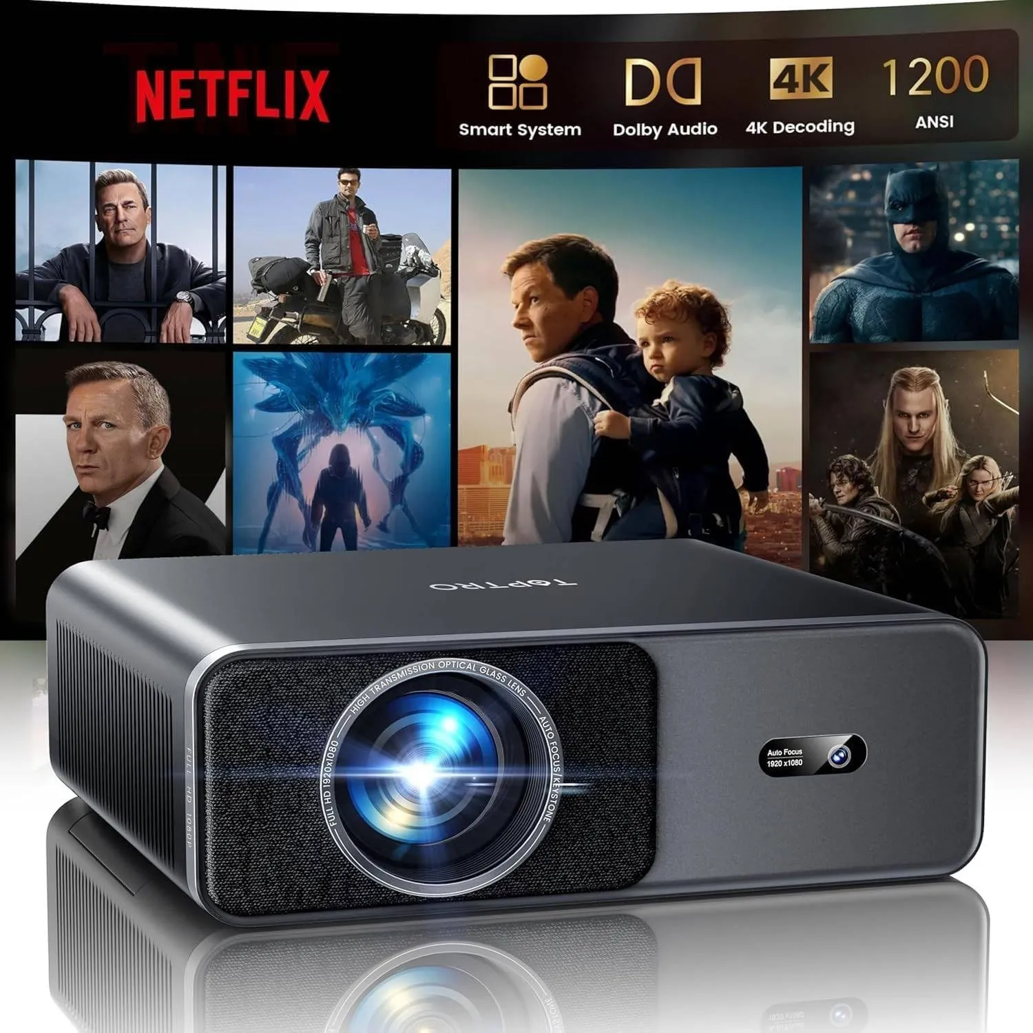 TOPTRO Smart Beamer Kompatibel mit Netflix, 20W Dolby Audio, 1200ANSI | Autofokus/6D Trapezkorrektur, Beamer 4K Heimkin…