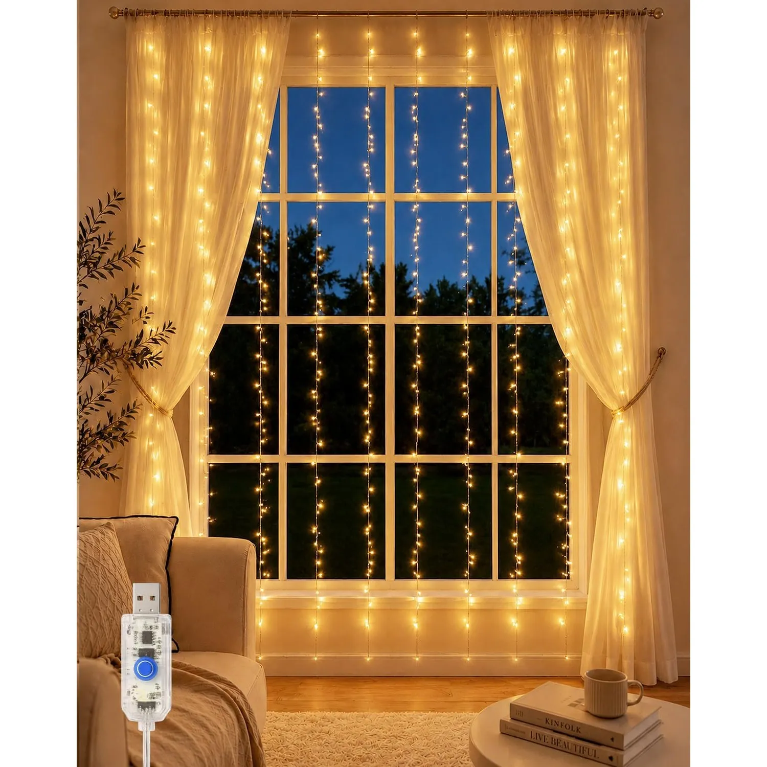 300 LEDs Lichtervorhang Innen, 3x3m warmweiße LED Lichterkette mit USB