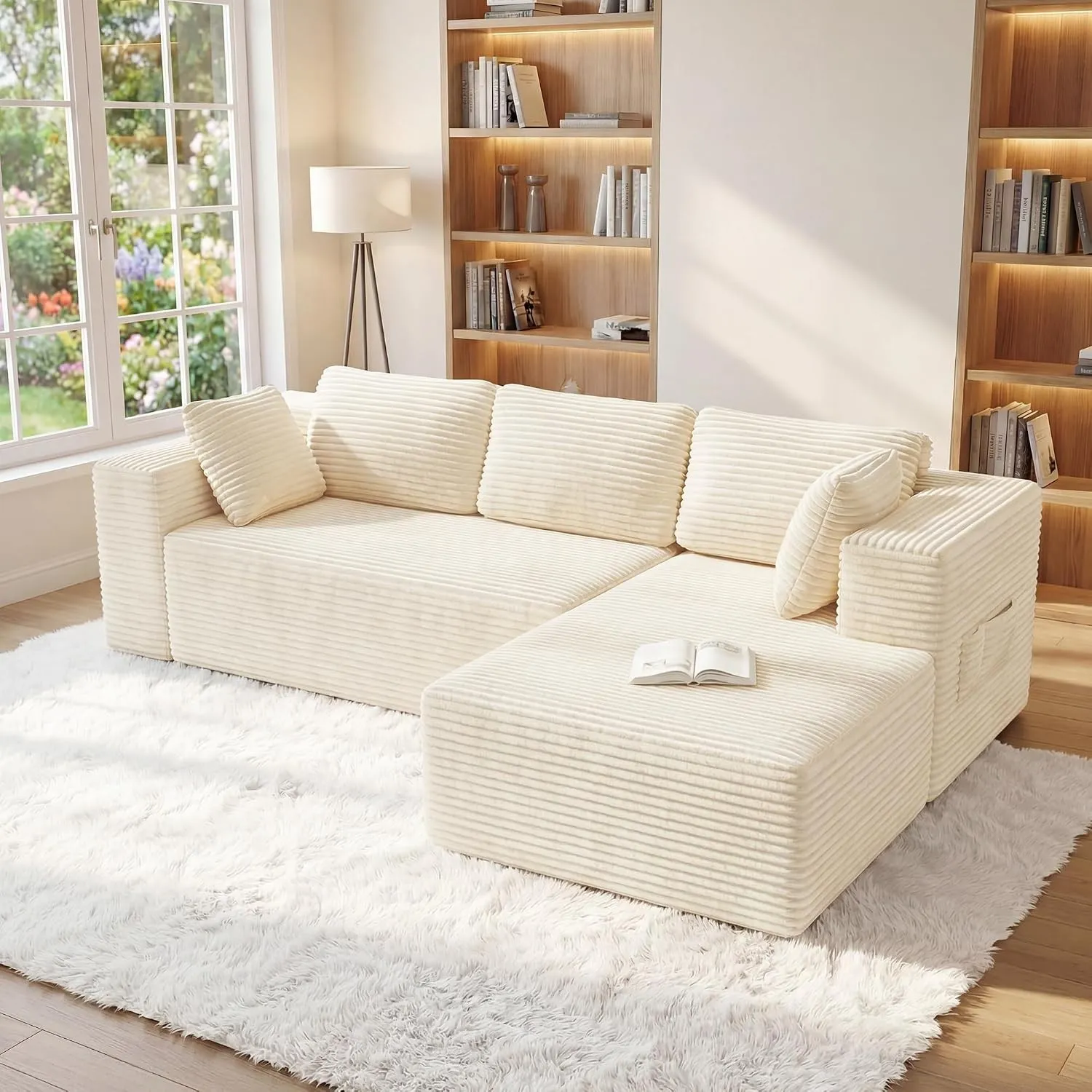 Xbro Ecksofa L-Form modular, Montagefrei Cord Couch 3-Sitzer, Flexibel kombinierbar mit Kissen & Seitentaschen, Für Woh…