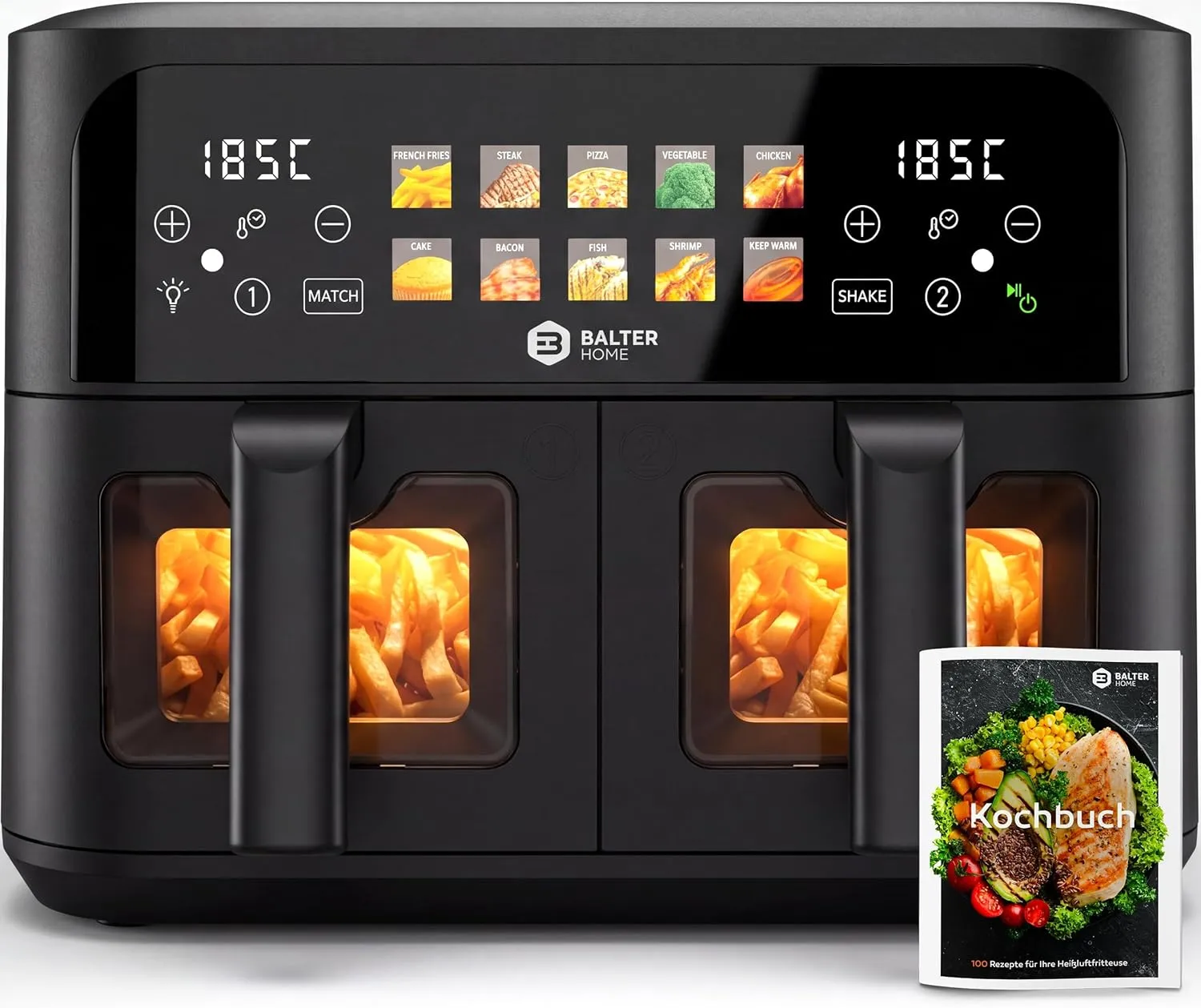 Balter HL-901 Hot Air Fryer 2 Chambers with Viewing Window 9L (2 x 4.5L) - 2400W Airfryer XXL Double Chamber, 10 Progra…