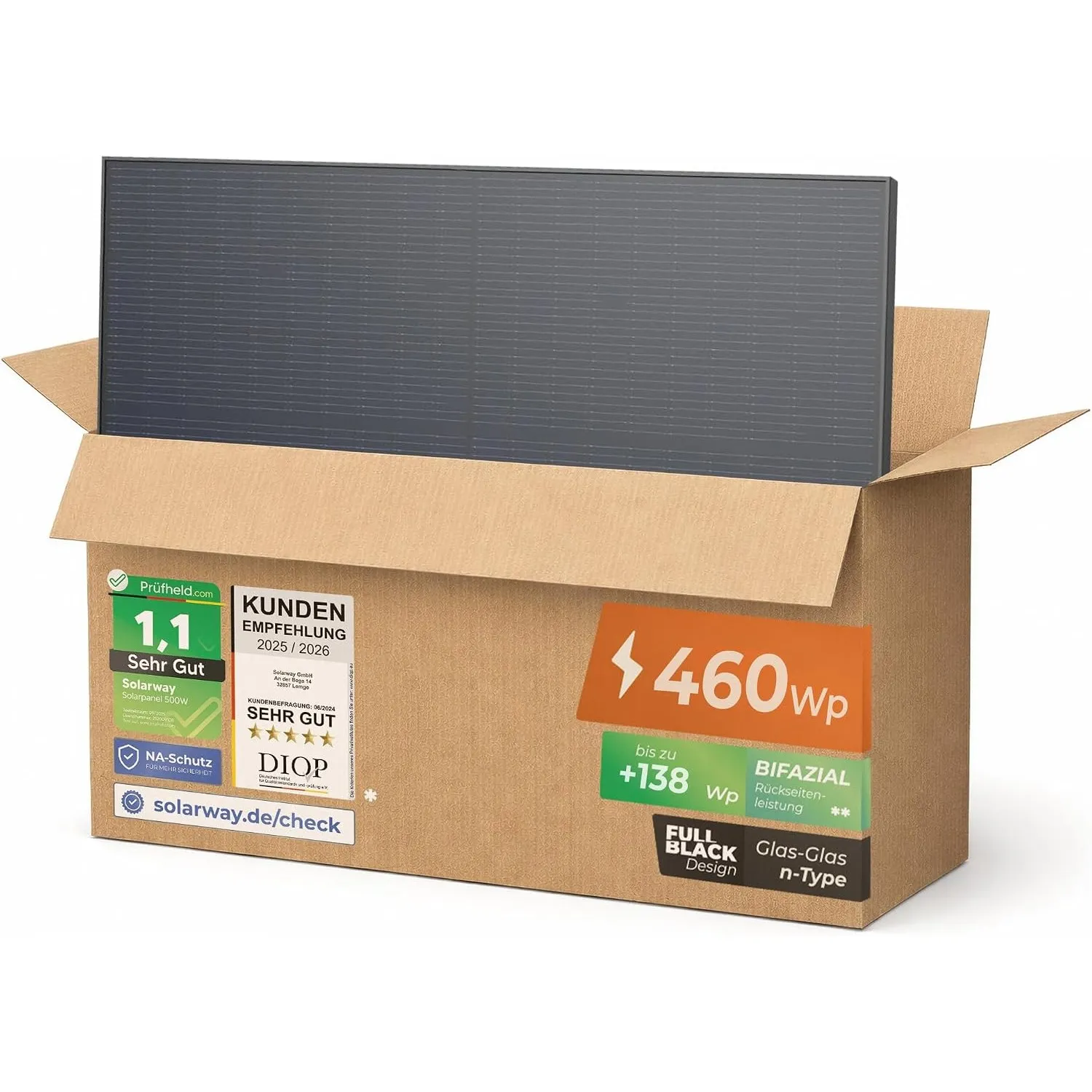 Solarway 460W Solarpanel Full Black Bifazial Glas/Glas PV Panel mit positiver Leistungstoleranz von 0-5 Watt, n-type, g…