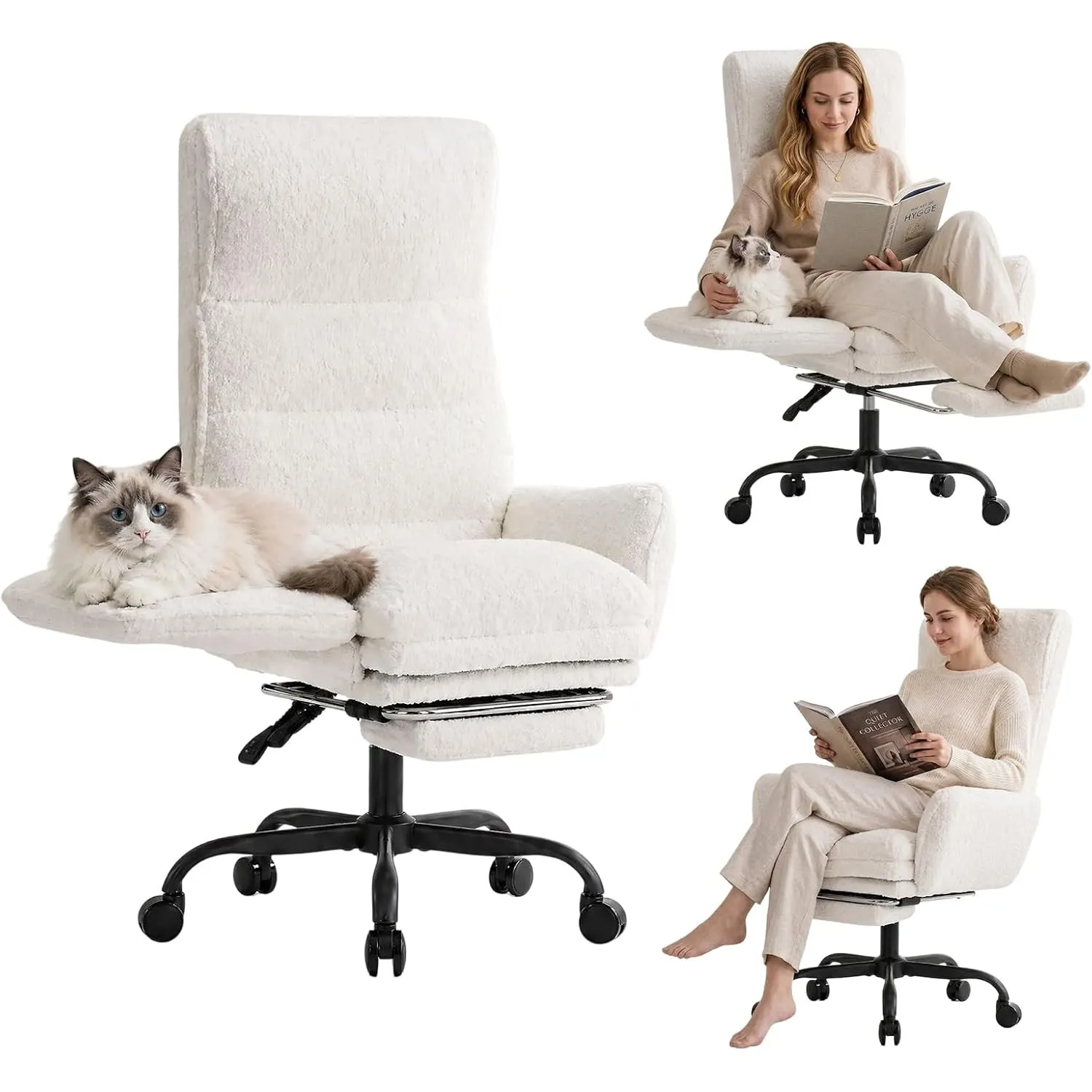 Ergonomischer Bürostuhl mit Fußstütze, 145° Neigung, Teddy-Stoff