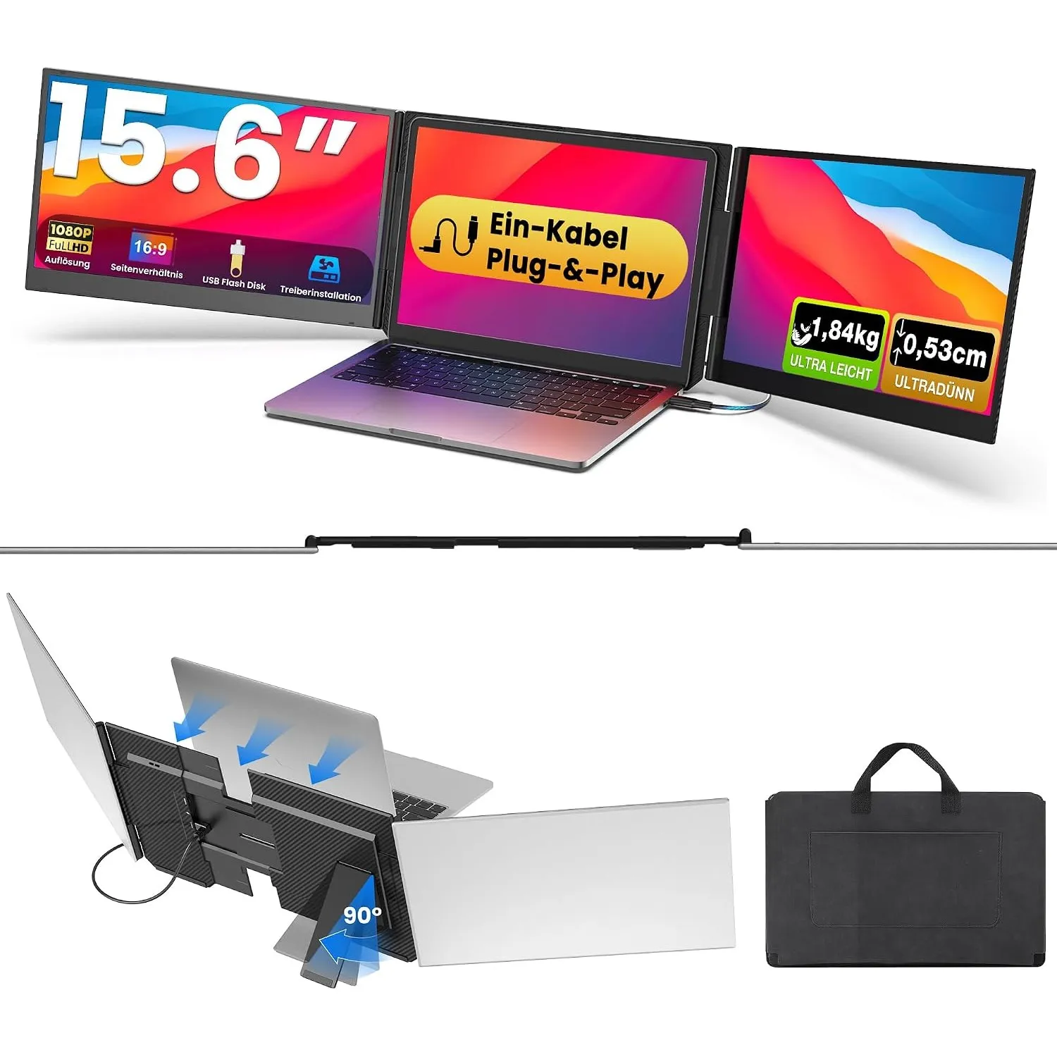 Kwumsy Laptop Bildschirm Erweiterung 15,6 Zoll – Mit Nur Einem USB-C-Kabel, Plug & Play, FHD 1080P IPS Triple Screen Ex…