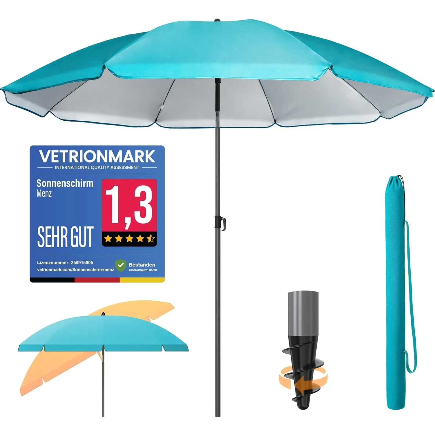 4smile Sonnenschirm Strand Ø 180 cm SunnyJoy, Türkis - UPF 50+ Strandschirm, sicherer Sonnenschutz Strand, Strandschirm…