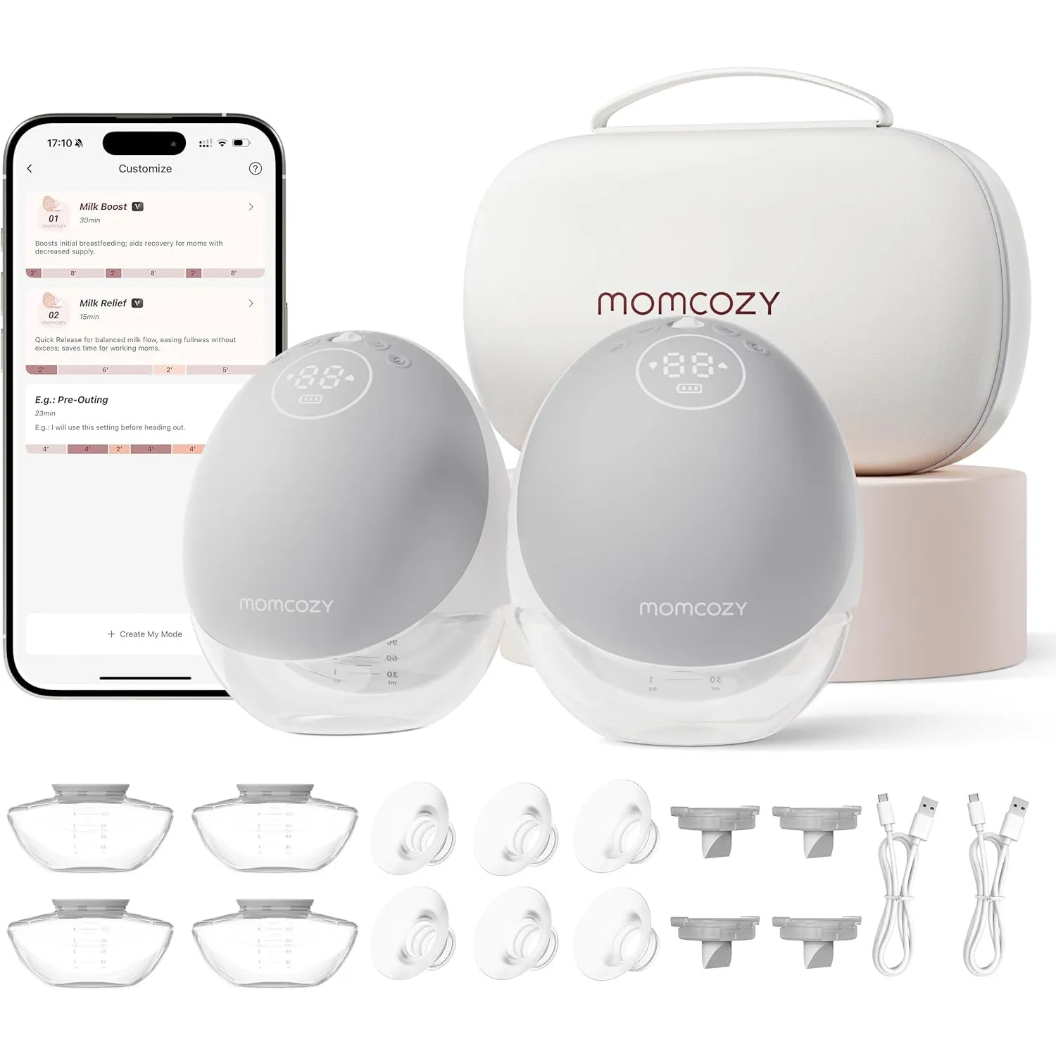 Momcozy M9 Mobile Flow Milchpumpe Elektrische handsfree 2 Pack Hellgrau | App-Steuerung, Personalisierte Multi-Modi & 1…