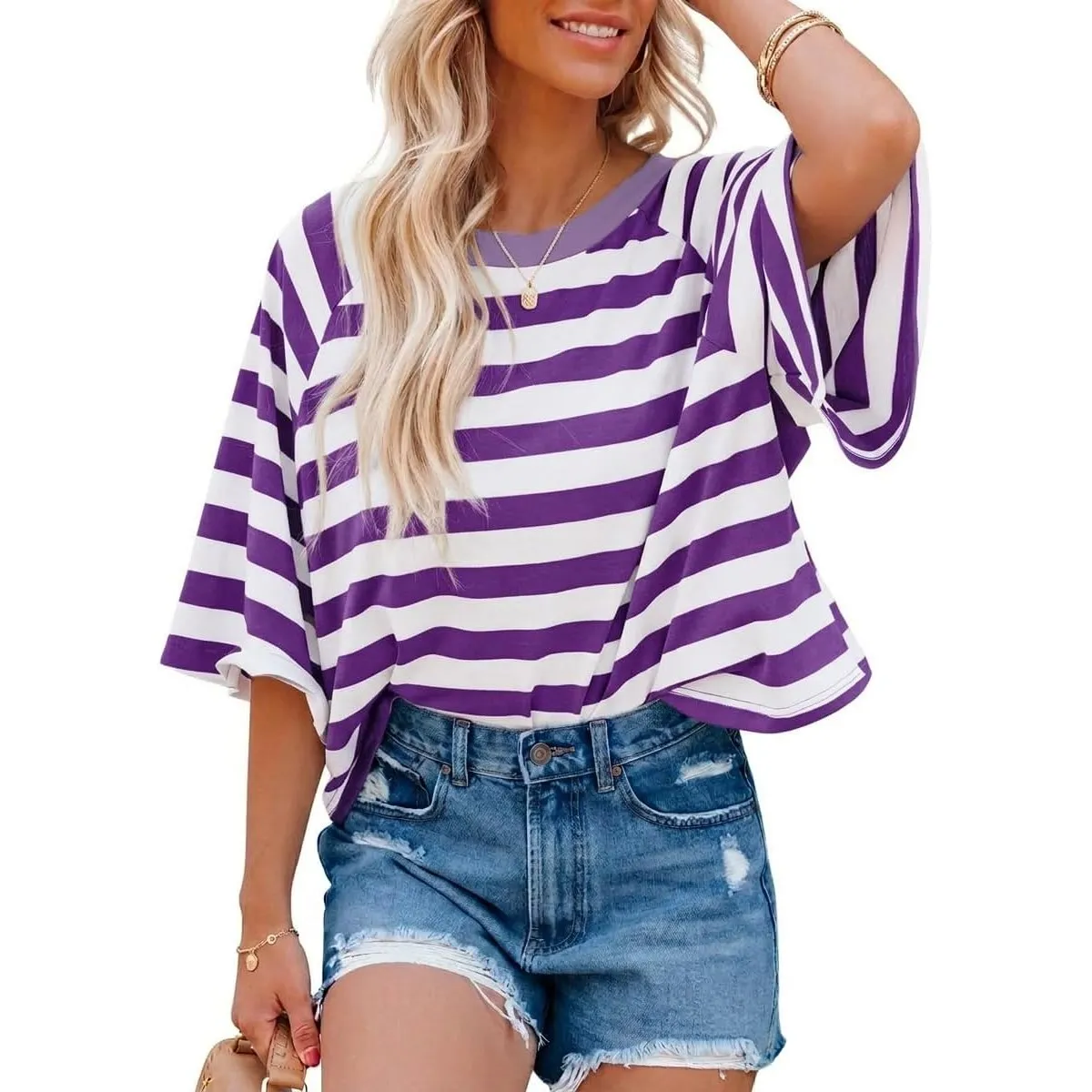 Chicrise Tshirt Damen Sommer Oversize Gestreiftes Oberteile Kurze Rundhals Lässige Kurzarm Top