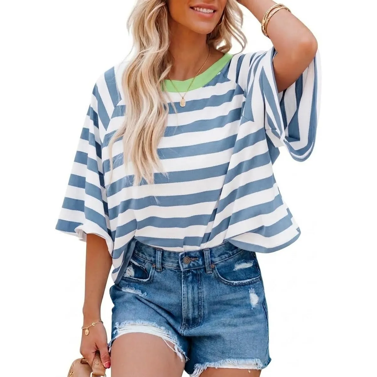 Chicrise Tshirt Damen Sommer Oversize Gestreiftes Oberteile Kurze Rundhals Lässige Kurzarm Top