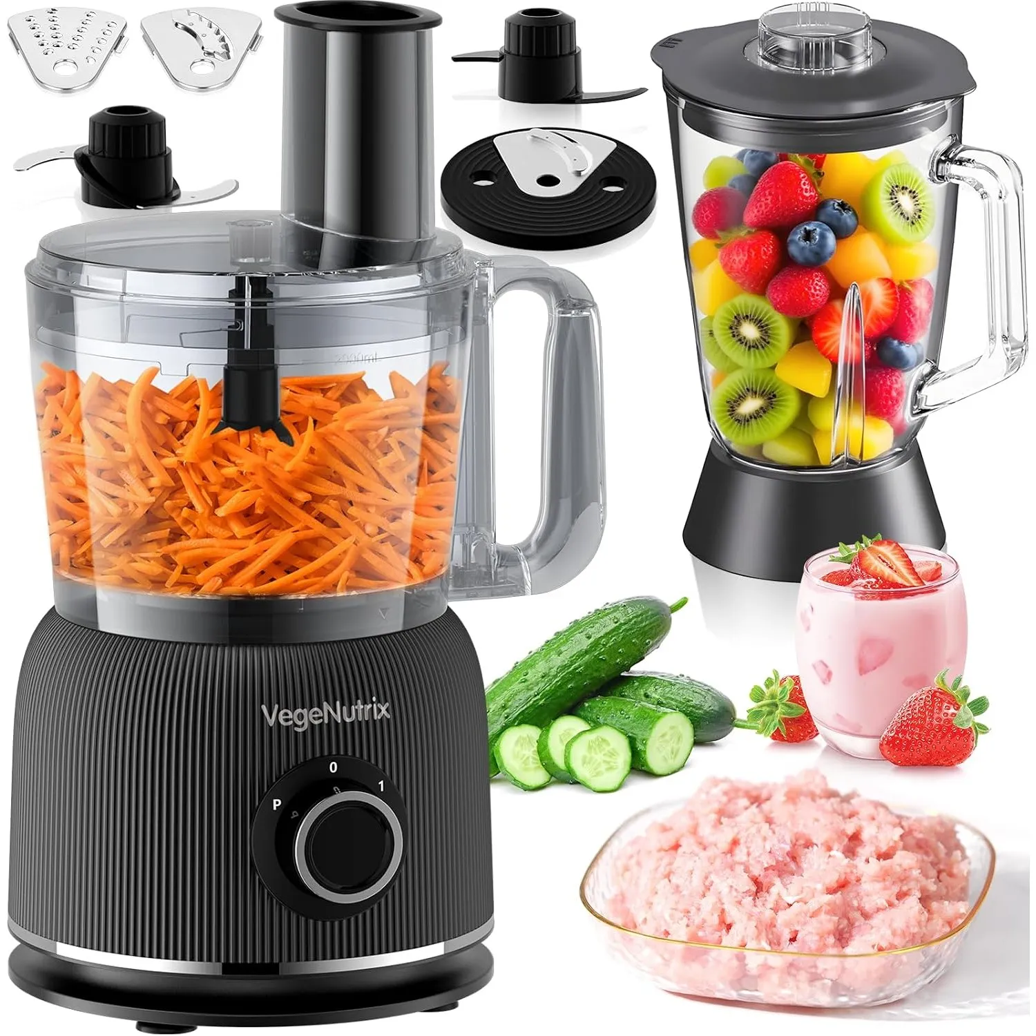 1500W Küchenmaschine und Mixer Kombination, 2,5L Zerkleinerer für Fleisch, Gemüse und Teig, 2L Standmixer mit Glasbehäl…