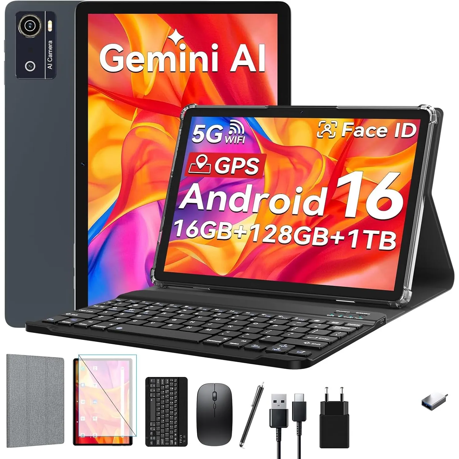 KADYBE Tablet 10 Zoll Android 16 Tablets mit 16GB +128GB 9-In-1 Komplettset mit Tastatur Maus Stift Hülle Gesichtsentsp…
