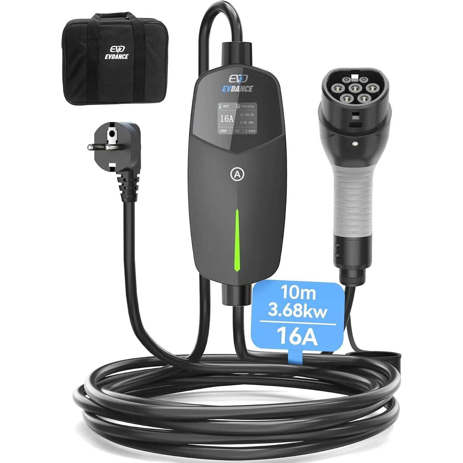 EVDANCE Typ 2 Ladekabel Schuko für Elektroauto 3,68kW[1-phasig, 10m, 6-16A] Ladekabel Elektroauto Typ 2 Schuko für Elek…
