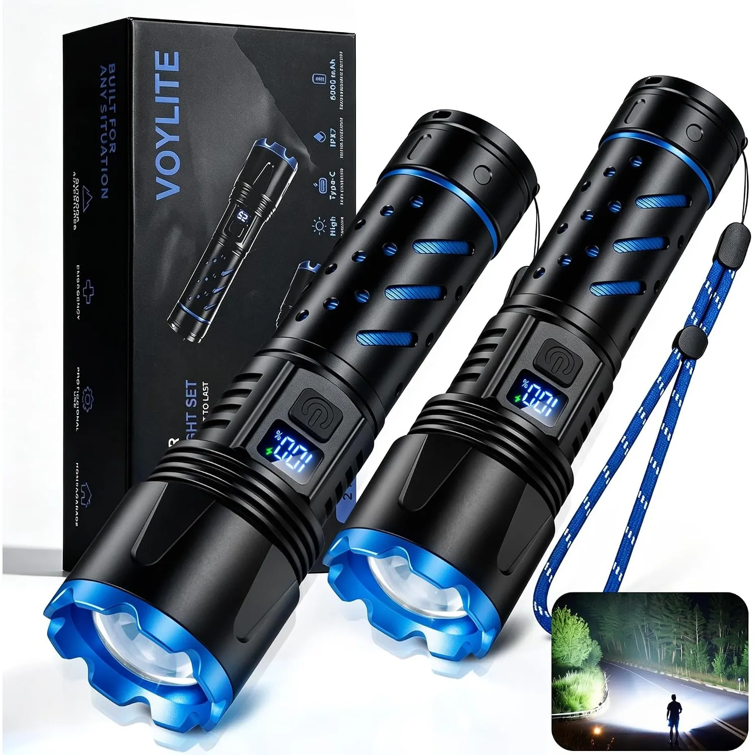 1000000 Lumens LED Taschenlampe Aufladbar Extrem Hell 2 Stück, Zoom