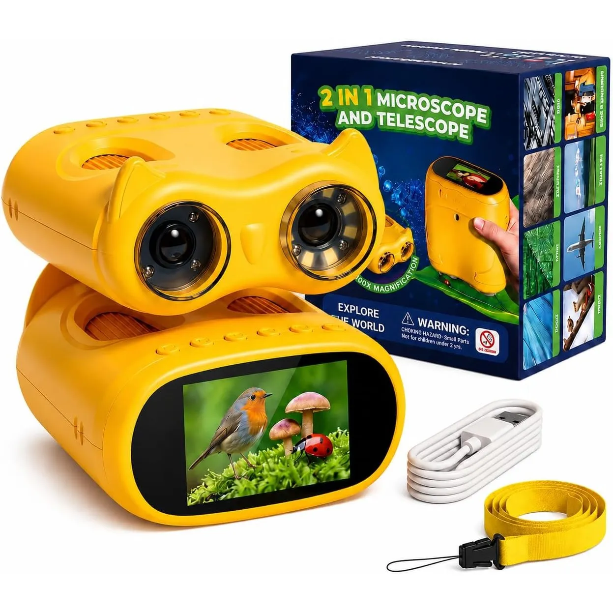 2in1 Kindermikroskop mit Fernglas, 1000X, 1080P HD, ab 3 Jahren
