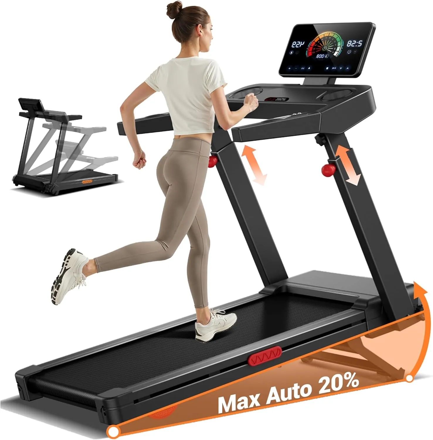 Cursor Treadmill for Home with 20% Automatic Incline, 14 km/h Treadmill with 4-Level Adjustable Console, 3.5 HP Treadmi…