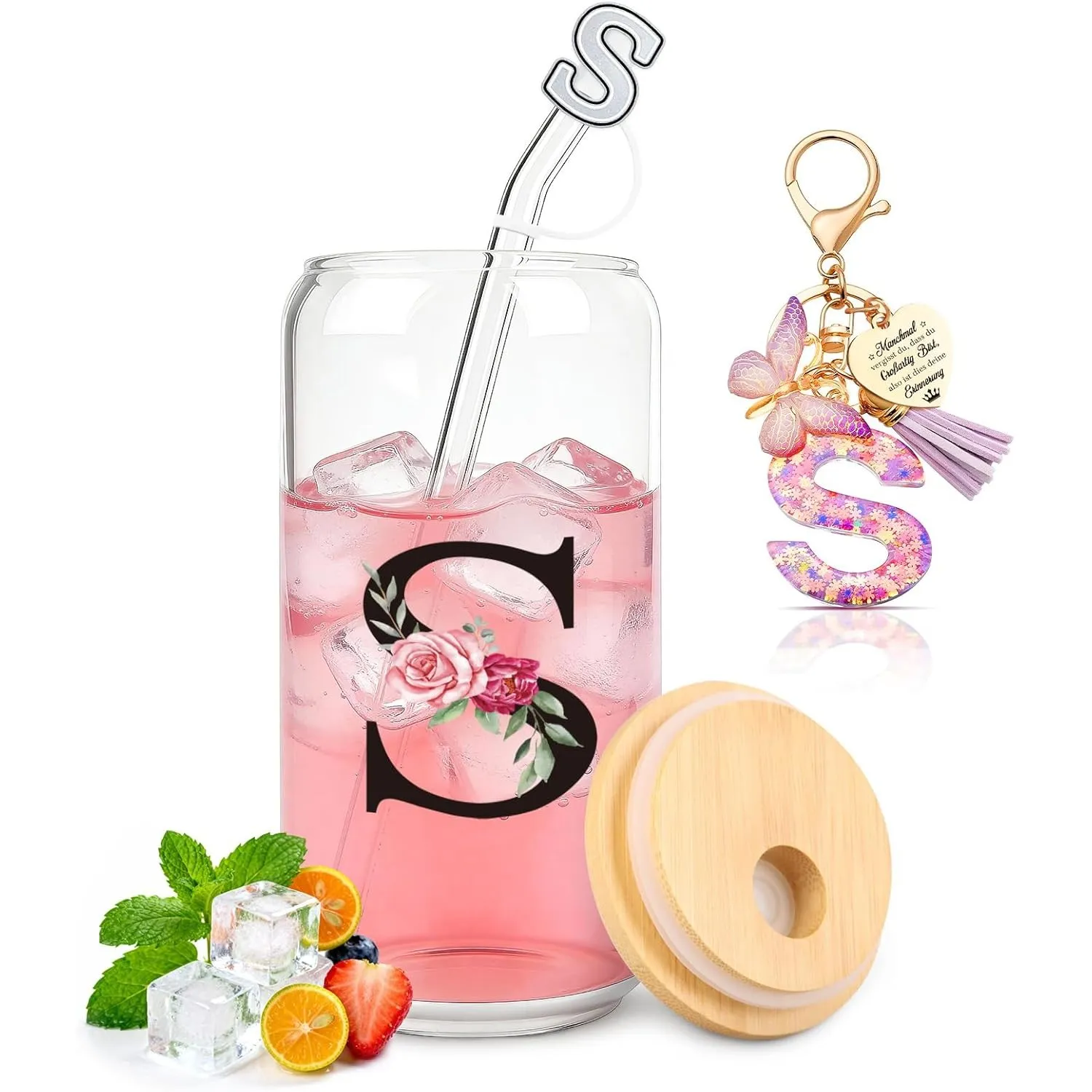 TUZELIYA S Personalisierte Geschenke mit Buchstaben – Glasbecher mit Deckel & Strohhalm + Schlüsselanhänger Buchstabe, …