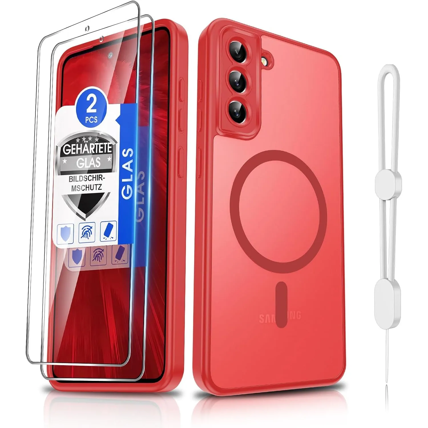 Dizn Magnetische Handyhülle für Samsung Galaxy S21-FE 5G: für MagSafe, 2 Panzerglas Displayschutz Folie, mit Handy Band…