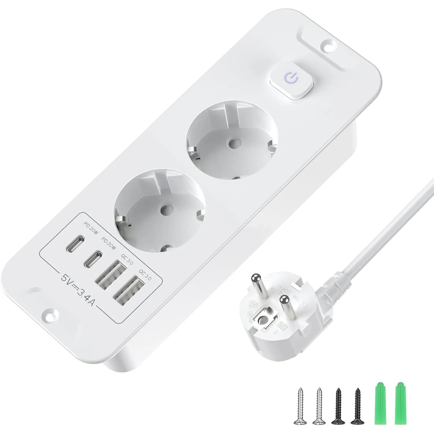 Versenkbare Steckdose 2-Fach mit Schalter, USB C PD 20W, 3m Weiß