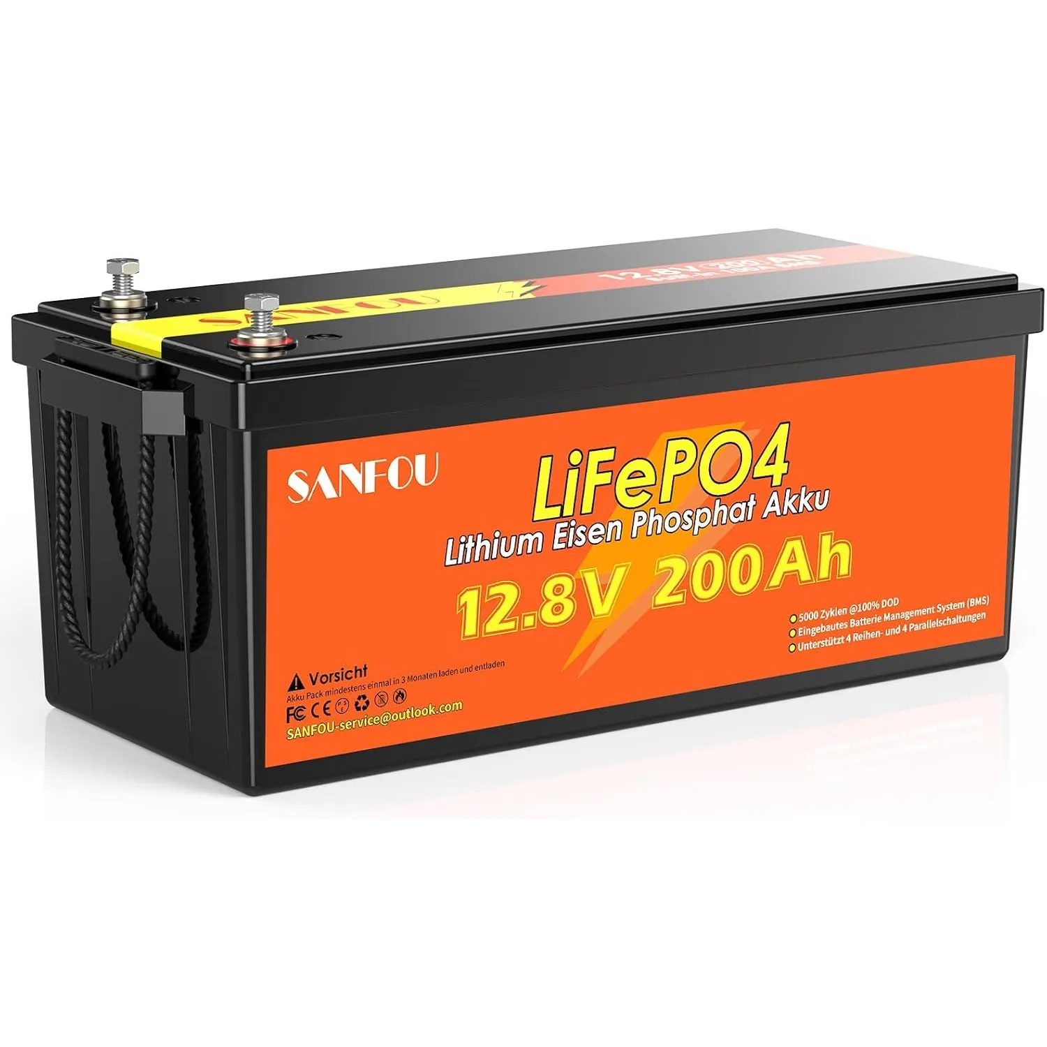 12V 200Ah LiFePO4 Batterie, 2560Wh Lithium Akku mit 100A BMS, 5000-15000 Mal Deep Cycle Batterien, Unterstützung 4S4P, …