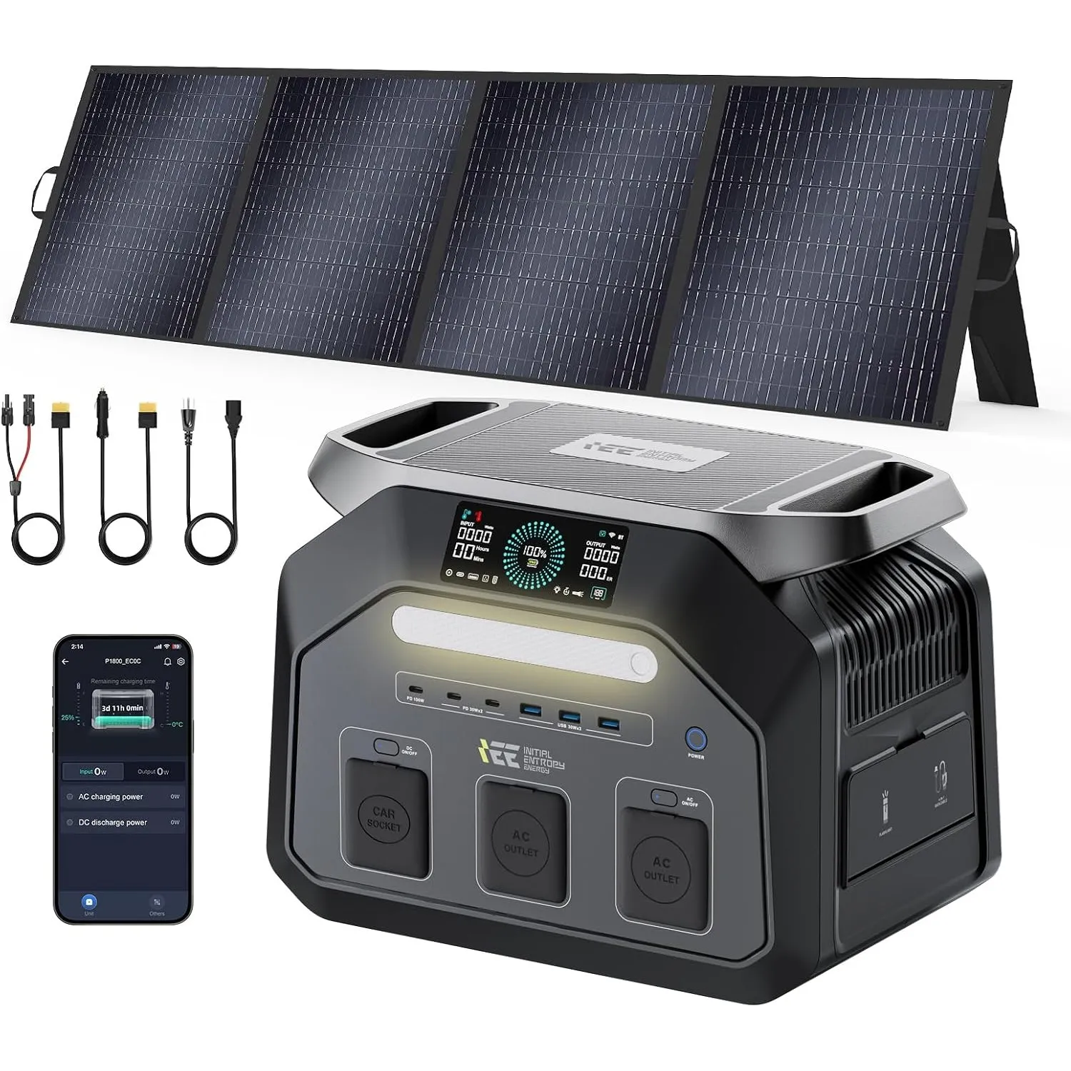 IEE P1800 Tragbare Powerstation 1800W/1024Wh LiFePO4 mit 1x200W Solarpanel | Solargenerator, 0–80% in 45 Min.Laden, 11 …