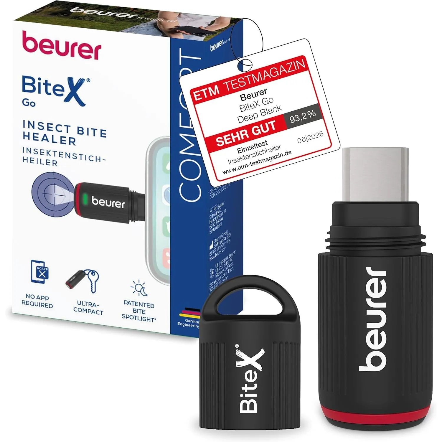 Beurer BiteX Go Deep Black Insektenstichheiler für Smartphone, gegen Juckreiz & Schwellungen, USB-C, Android & iPhone, …