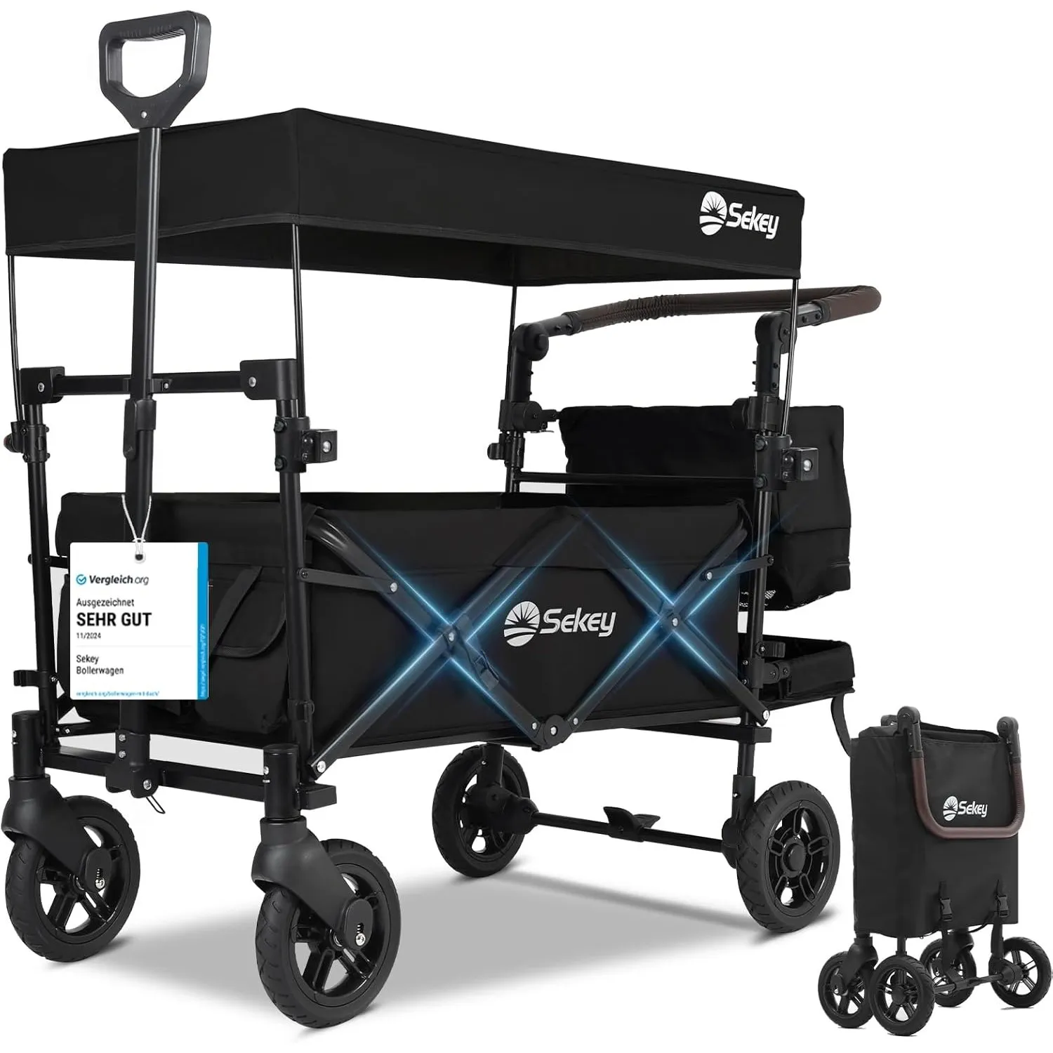 Sekey Bollerwagen Faltbar mit Dach 2 Kinder 100KG, Faltbarer Bollerwagen Handwagen Schiebegriff, Kinderwagen Stoßfest P…