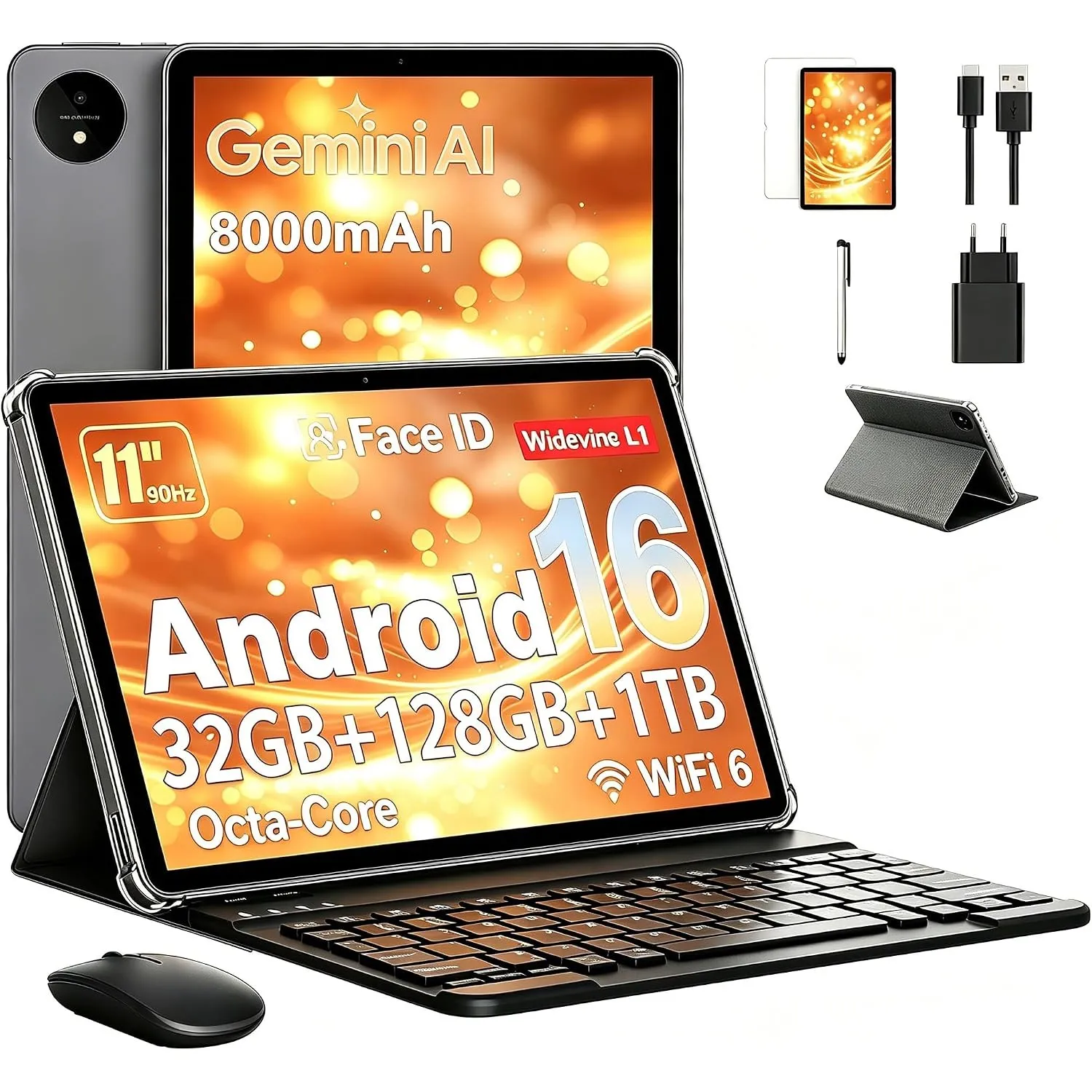 Tablet 11 Zoll mit Gemini AI, Android 16 Tablets mit Hülle, Maus & Tastatur, Octa-Core, 32 GB RAM + 128 GB ROM + 1 TB T…