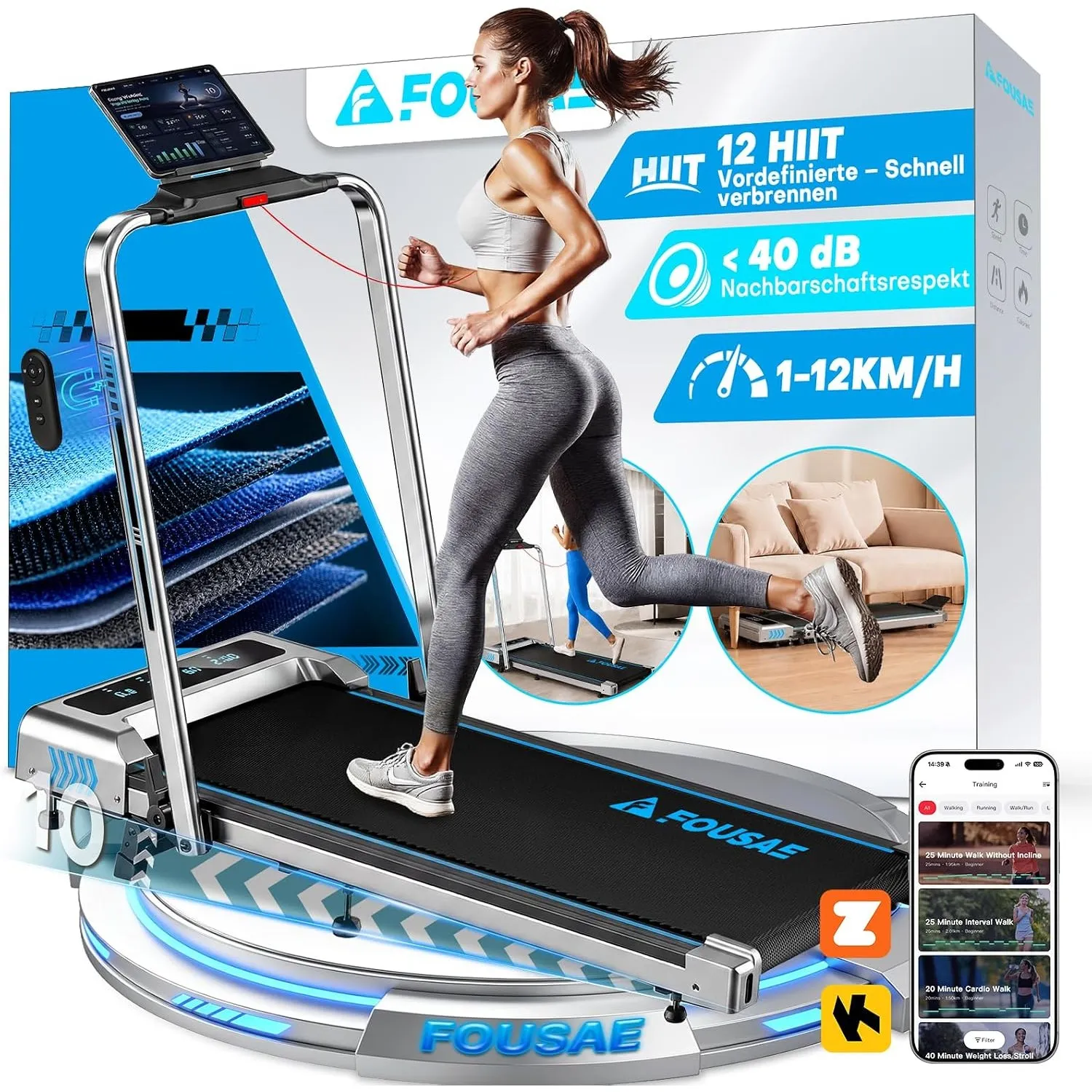Laufband für Zuhause, 5 in 1 Walking Pad, 12km/h Klappbar Laufband mit 10% Steigung, 2.75HP bürstenlosem Motor Walking …