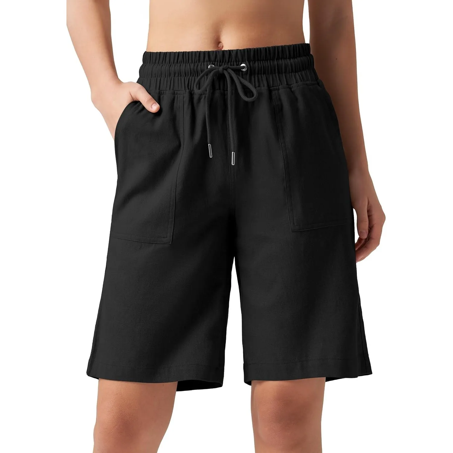 WILLIT Shorts Damen Leinen Shorts Freizeit Bermuda Kurze Hose knielange High Waist Bequeme Sommershorts mit Taschen 10“
