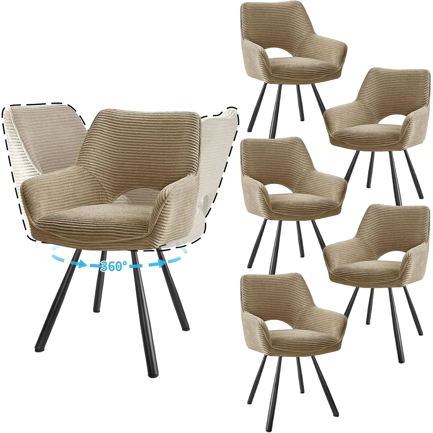 JIJIAN 6er Set 360° Drehbare Esszimmerstühle mit Armlehnen, Braun