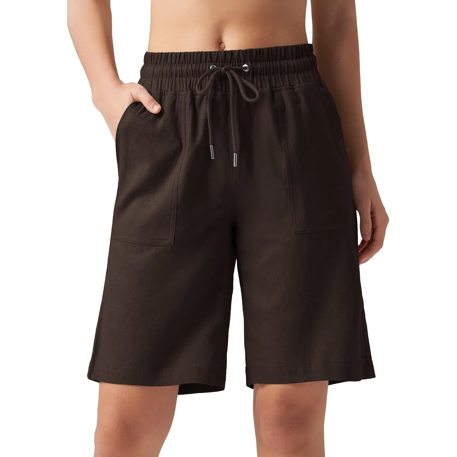 WILLIT Shorts Damen Leinen Shorts Freizeit Bermuda Kurze Hose knielange High Waist Bequeme Sommershorts mit Taschen 10“