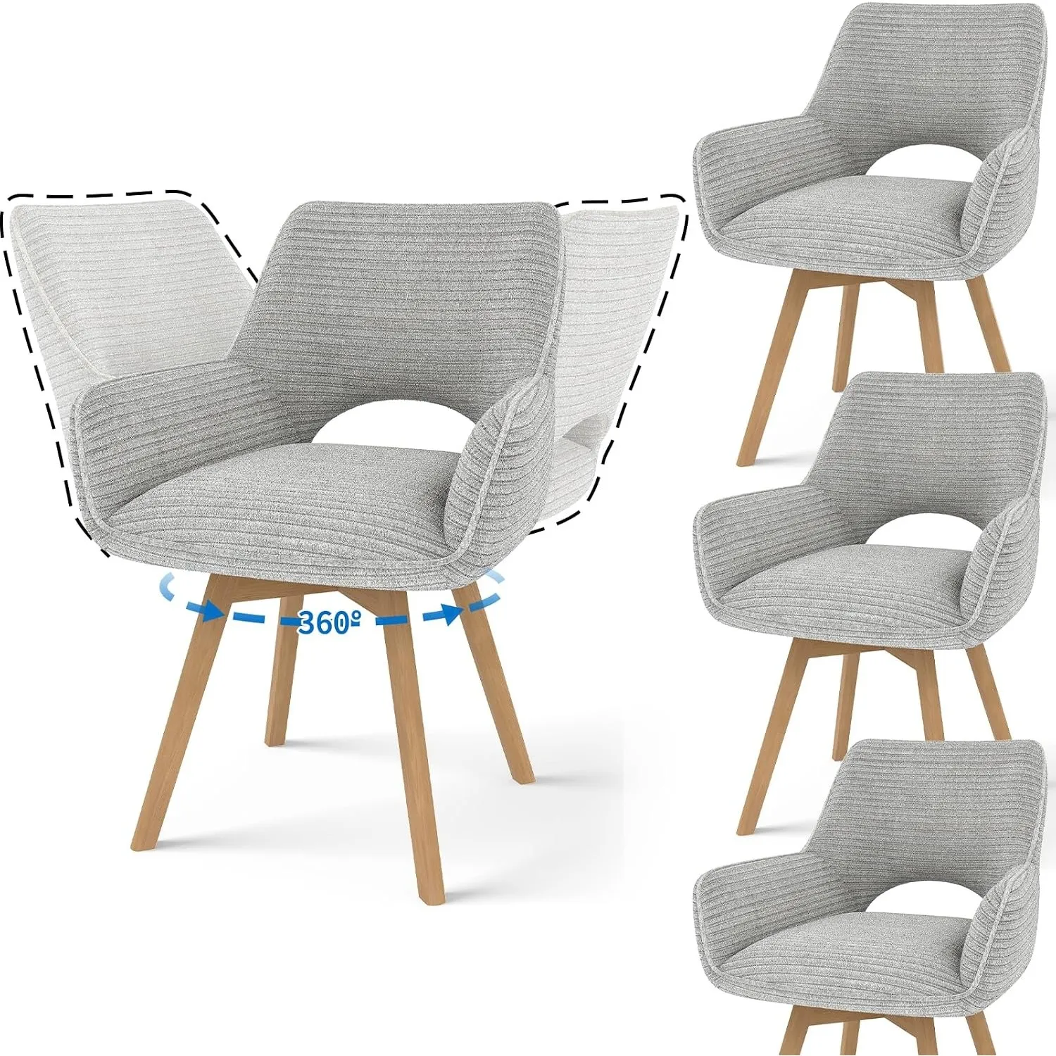 JIJIAN 4er Set 360° Drehbare Esszimmerstühle mit Armlehnen, Grau