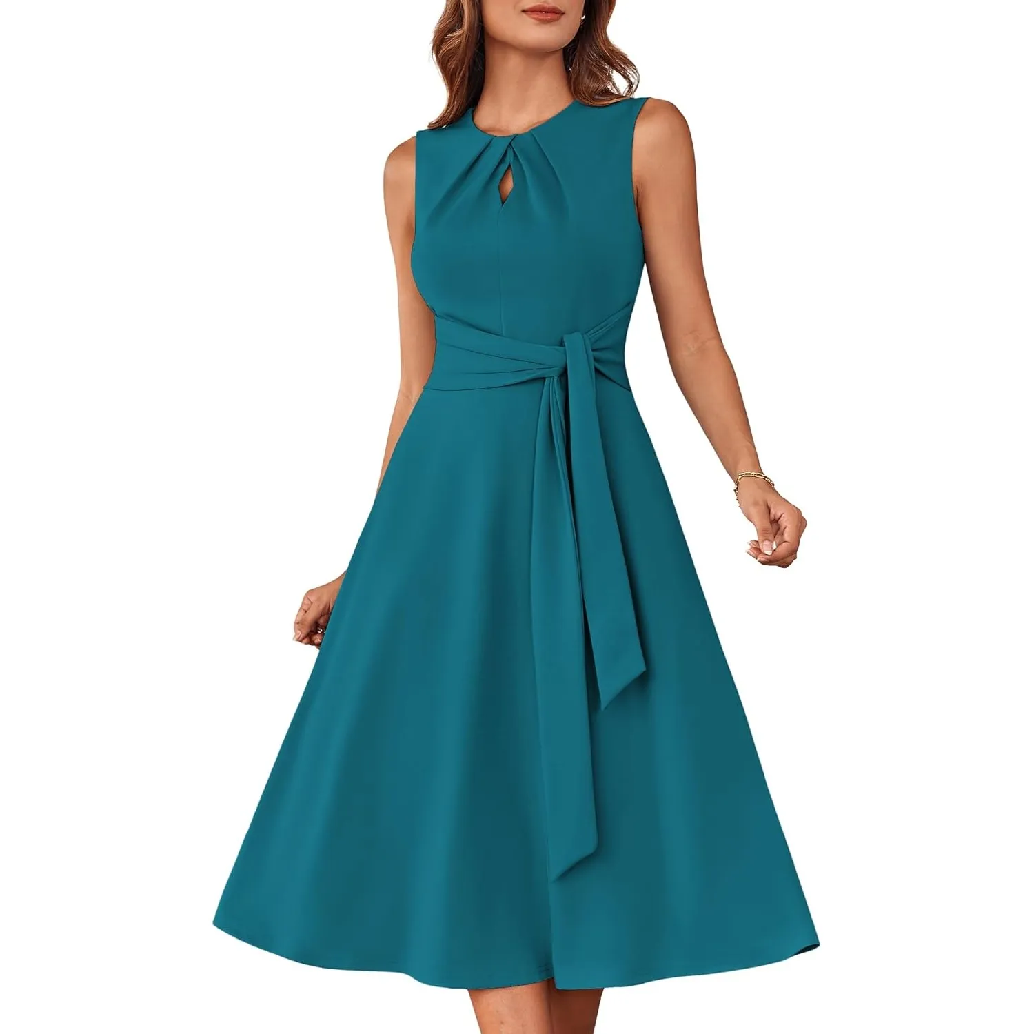 GRACE KARIN Damen A-Linien-Midikleid Ärmelloses Rundhalskleid mit Gürteltaschen Party Club Alltag Arbeit Hochzeit
