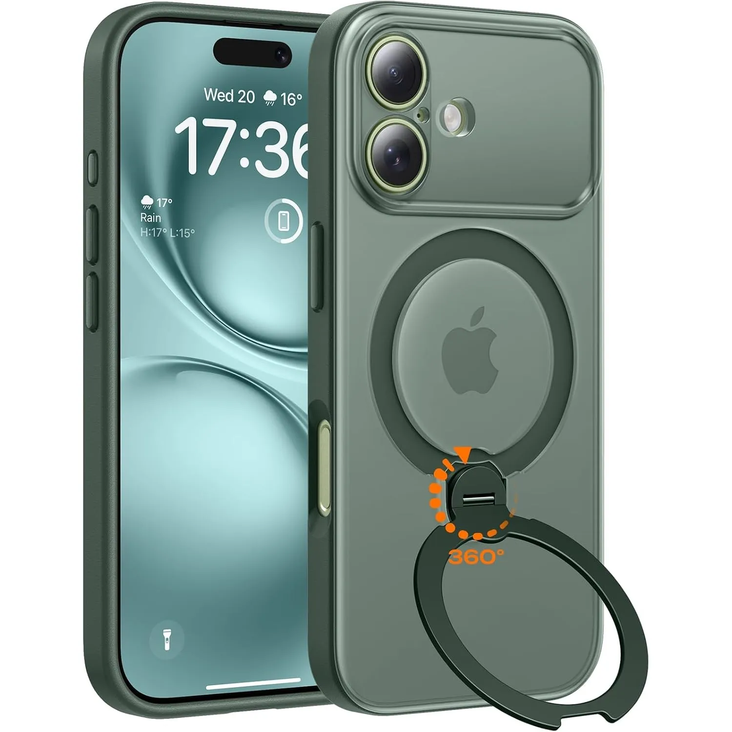 TOCOL für iPhone 17 Hülle mit Ständer, 360° Drehbarem, Alpengrün