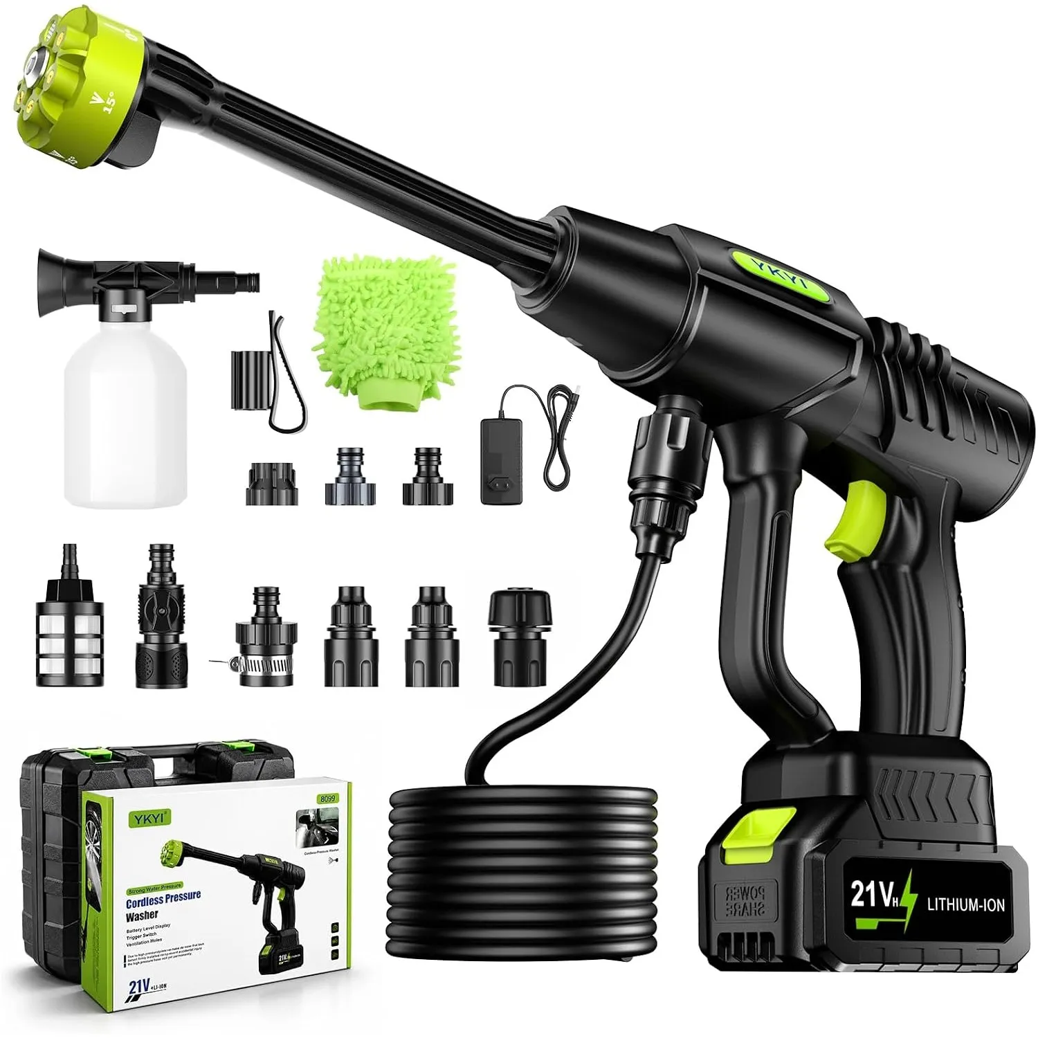 YKYI Akku Hochdruckreiniger - 7m Schlauch, 6-in-1 Düse & 30 Druckstufen, mit 21V Akku, 1200 PSI Portable Pressure Washe…