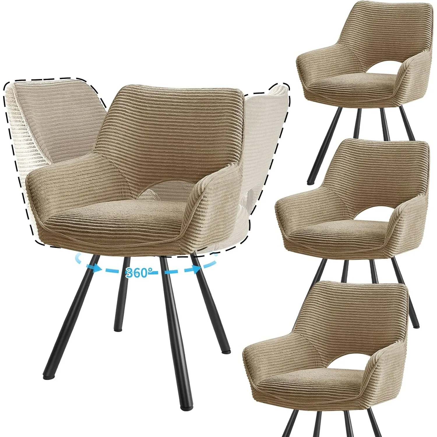 JIJIAN 4er Set 360° Drehbare Esszimmerstühle mit Armlehnen, Braun | Drehbar Stühle Esszimmer mit Metallbeinen, Moderner…