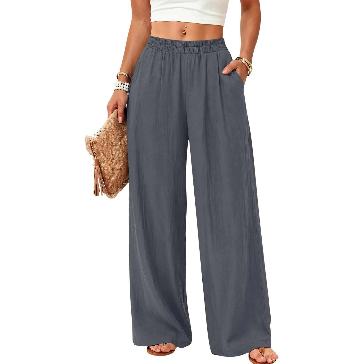 Rapbin Leinenhose Damen Sommer Sommerhose Damen Leicht Stoffhose Damen mit weitem Bein Luftige Strandhose Lässige Freiz…