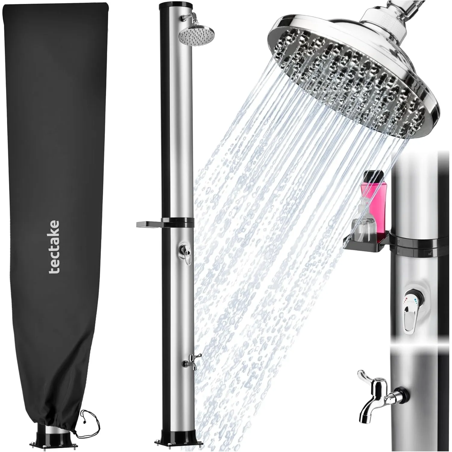 TecTake® Solardusche, 40 l, bis 60° C warmes Wasser, drehbarer Regenduschkopf, Gartenschlauch-Anschluss, Solar Dusche, …