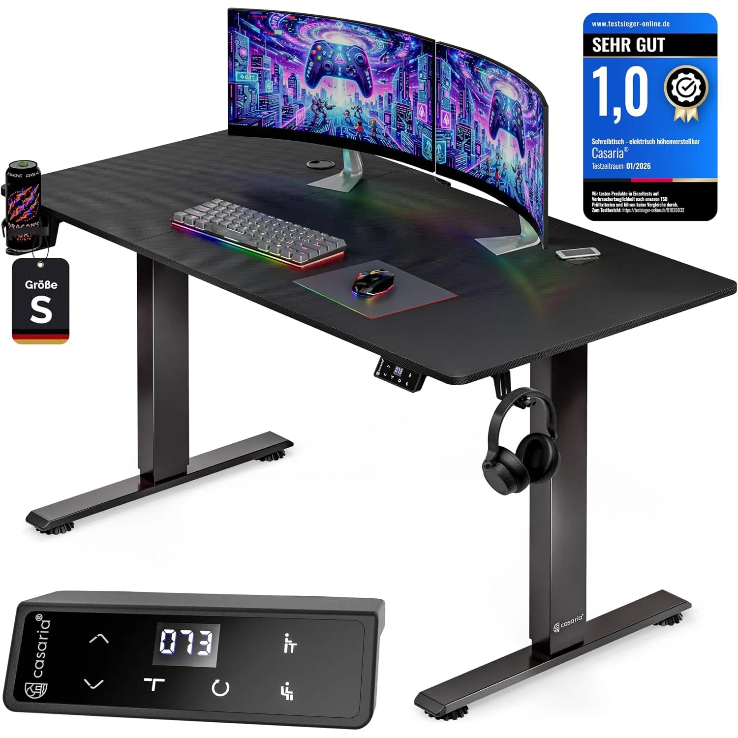 Casaria® Höhenverstellbarer Gaming Schreibtisch elektrisch 120 x 60 cm mit Wireless Charger & USB-C/A Anschluss LCD-Dis…