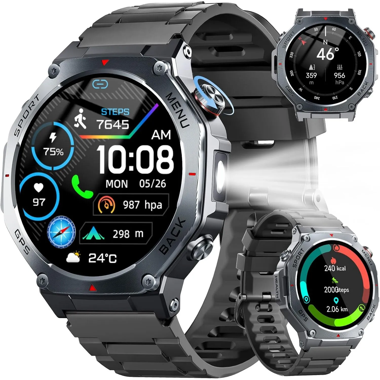 Smartwatch Herren Militär GPS, 1,43"AMOLED 2026 New Fitnessuhr mit Bluetooth Anrufe, 160+ Sportmodi Kompass, 5ATM Wasse…