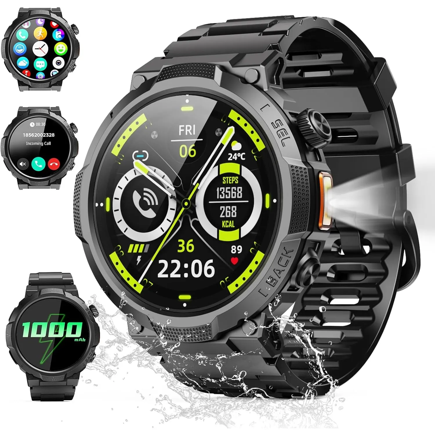 Smartwatch Herren Damen, 1.53" HD 1000mAh Militär Smart Watch mit Telefonfunktion, 100+Sportmodi Fitnessuhr Tracker, IP…